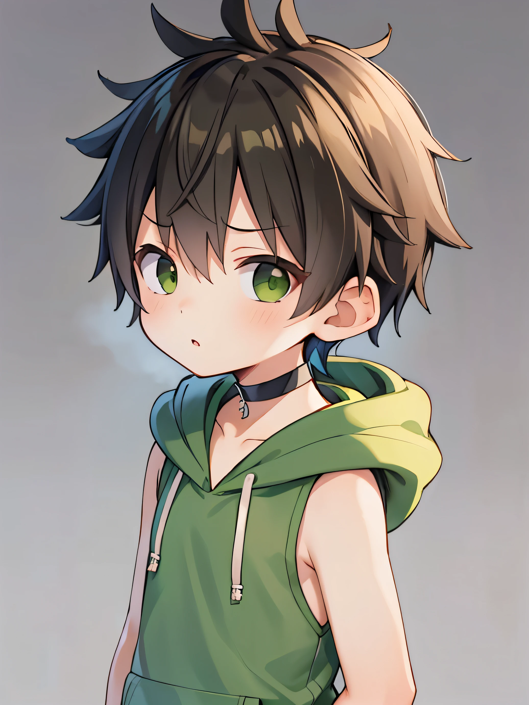 Highres, Masterpiece, Best quality at best,Best Quality,hight quality, hight detailed, 1boy, Shota, Green hoodie, Choker, Sleeveless hoodie, (very young boy), (very small and short body), ***************s, Simple beckground, Little sweat