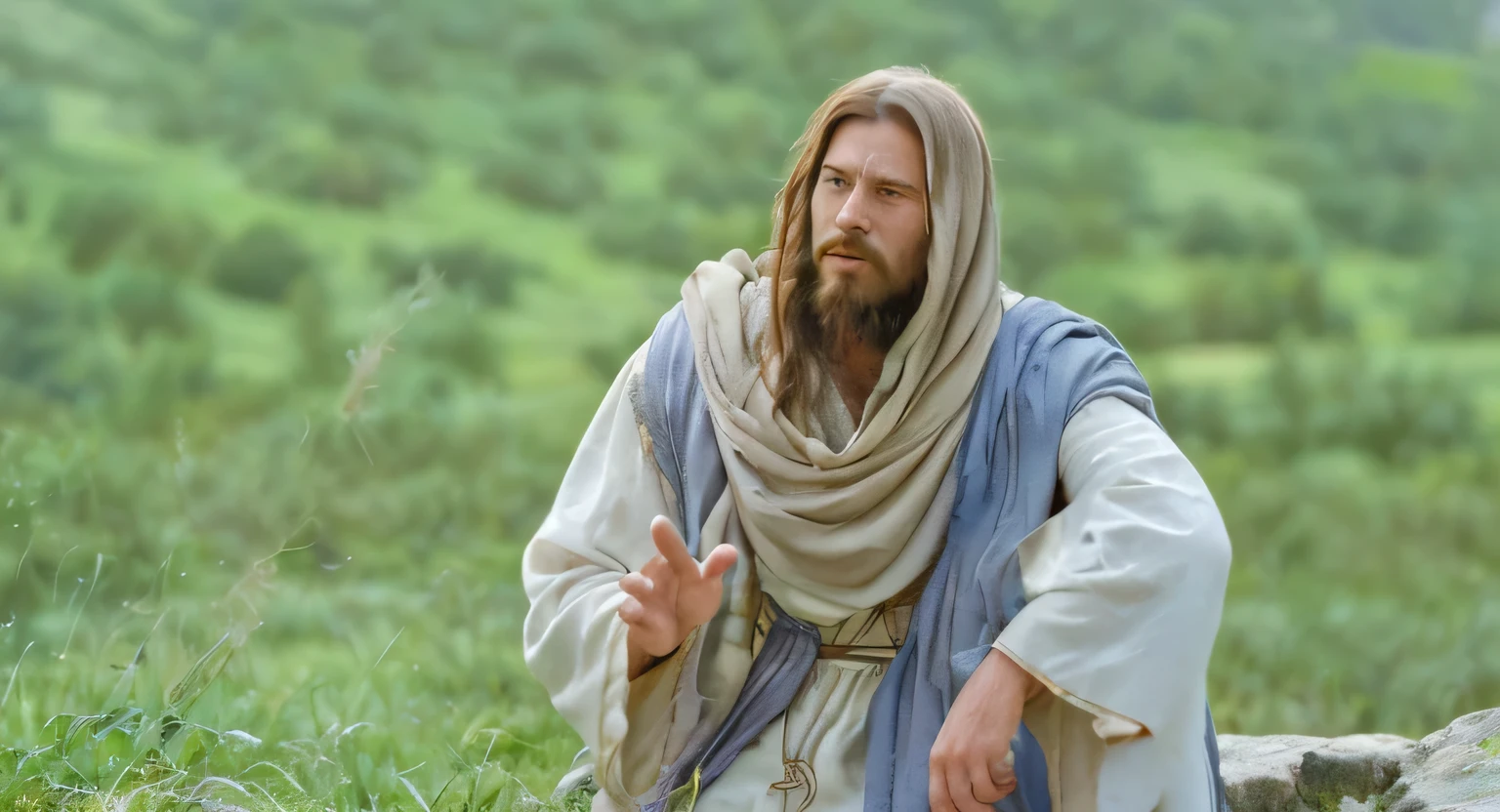 we have a man characterized as a historical or religious figure, possibly representing Jesus Christ, given the traditional Western representation with tunic and cloak. He is in a natural environment, probably a field or a hill, indicated by the blurred green vegetation in the background. He has a beard and long hair and is gesturing with his right hand, appearing to be in the middle of a speech or teaching. His expression is calm and he appears to be looking at someone or something outside the scene.