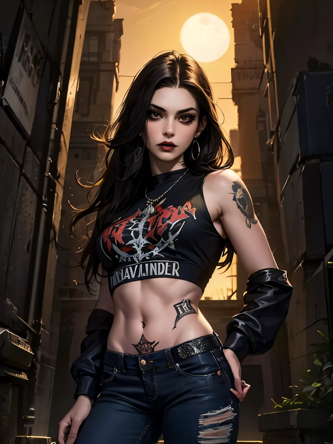 melhor qualidade,obra de arte,ultra-high resolution,(Realisticidade:1.4),Foto original,cinematic lighting, 1 garota, Sozinho, Metalhead style girl at night under the moonlight, tatuado, wearing ripped black pants, Roupas pretas, ajuste Corpo quente, estilo heavy metal, fotografia, concerto de heavy metal. realista, datailed, rosto detalhado, 4K.