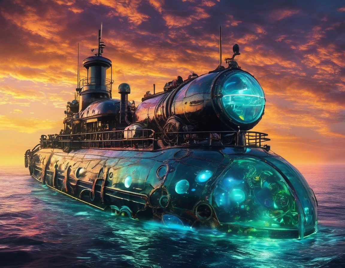 Nautilus submarine, immersed in the neon depths of the ocean, Captain Nemo's vessel aglow with bright, neon ambiance, abstraction of black oil and gear mecha detailing, steampunk,  Hyperdetailed acrylic grunge, 32k octane rendering, Alcoholic ink touch in the style of Andreas Franke, reminiscent of Benedick Bana, unreal engine, photorealistic, monumental masterpiece, vivid colors, volumetric lighting, cinematic allure.