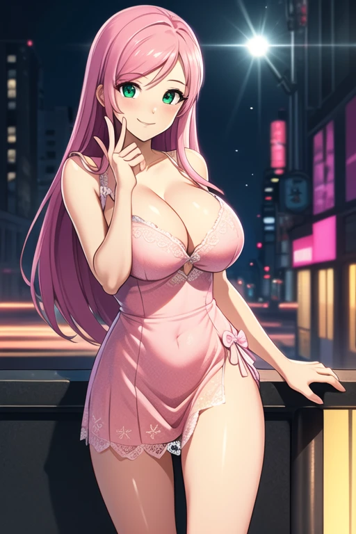 1 girl, 19 years old, Long pink hair, green eyes with slit pupils, master-piece, best quality, (standing up), (short pink lace dress), (spaghetti strapped pink dress, cleavage), (Big , ultra gigantic , Super super big, Glamorous body), Make eye contact with the camera, front figure, looking forward, (light_Smile:1.5), (Detailed hands and fingers:1.2) (Cyberpunk City), (FULL BODYSHOT), thighs thighs thighs thighs、beauty legs、Bare legs