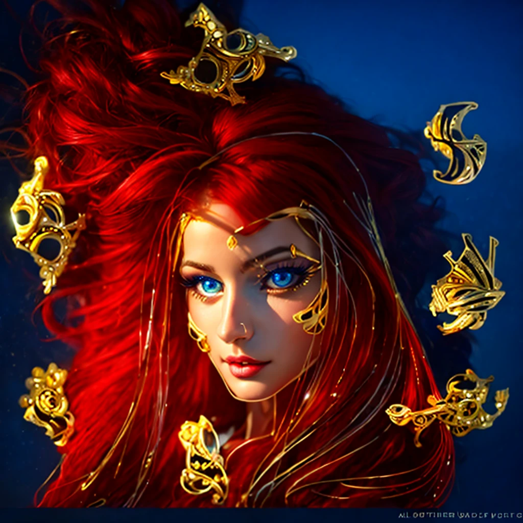 (masterpiece, best quality:1.2), 1girl, solo ((ultra realistic))), photo, best quality, trending on artstation, ONE beautiful woman (long dark red hair:1.2), (detailed eyes:1.2), body jewelry made of gold, no jewelry in hair, hairline reaches jewel in forehead, heavy eye makeup, mascara, glossy pink lips, detailed hair, long painted finger nails, fingers holding hair, shiny skin, (focus on face and cleavage:1.1), depth of field, soft lighting, (play of light and shadow:1.2), ultra detailed, detailed gold jewelry with diamonds floating in blue sky, blue light in dark background.