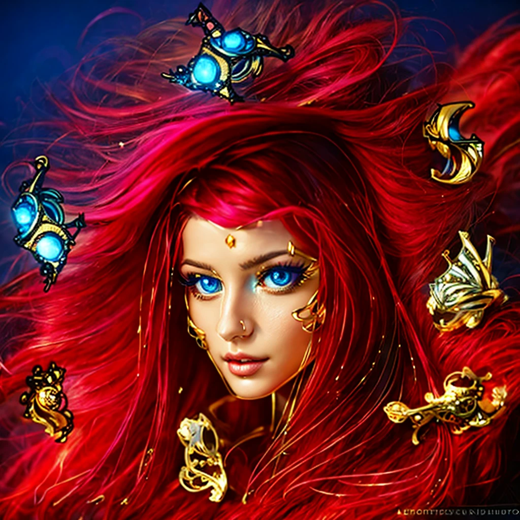 (masterpiece, best quality:1.2), 1girl, solo ((ultra realistic))), photo, best quality, trending on artstation, ONE beautiful woman (long dark red hair:1.2), (detailed eyes:1.2), body jewelry made of gold, no jewelry in hair, hairline reaches jewel in forehead, heavy eye makeup, mascara, glossy pink lips, detailed hair, long painted finger nails, fingers holding hair, shiny skin, (focus on face and cleavage:1.1), depth of field, soft lighting, (play of light and shadow:1.2), ultra detailed, detailed gold jewelry with diamonds floating in blue sky, blue light in dark background.