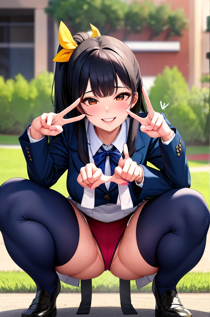 (nsfw),masterpiece,ultra detailed,sharp focus,4k digital art,high resolution,peeing,(v sign with both hands:1.5),(aroused:1.7),(smile:1.5),(peeing),tareme,(adult beautiful face,curvy adult body),(from below,upskirt:1.2),(navy blazer:1.3),dress shirt,navy pleated skirt,bow tie,(black hair,long straight hair),at crowded public park,(sweaty:1.2),grinning,(trembling,flying heart-shapes),(squatting and spreading legs),sexy undies,loafers,urine on ground,crowd in background