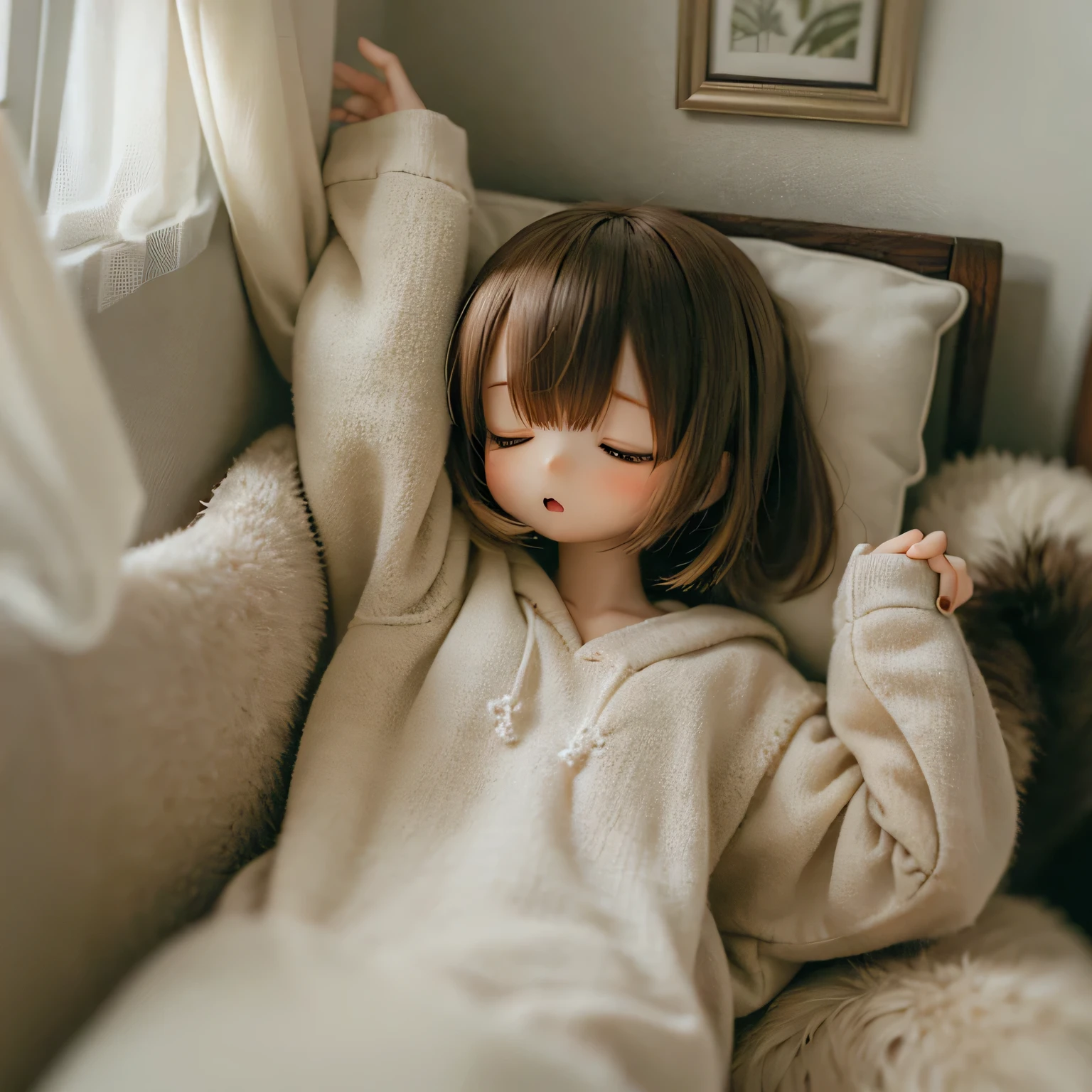 Girl standing next to the bed, Sleepy people wake up, Cute Shiba Inu, Cozy bedroom atmosphere, Soft and warm lighting, Comfortable bed, Small alarm clock, Fluffy pillow, Calm morning landscape, Girl stretching her arms, The dog is wagging its tail, Yawning person, Girl in Pajamas, Sunlight shining through the curtains, Calm and relaxed atmosphere, Quiet and peaceful environment, Colorful blankets, A gentle and calming Chibi, Female Shiba Inu, wake up one's husband asleep in bed