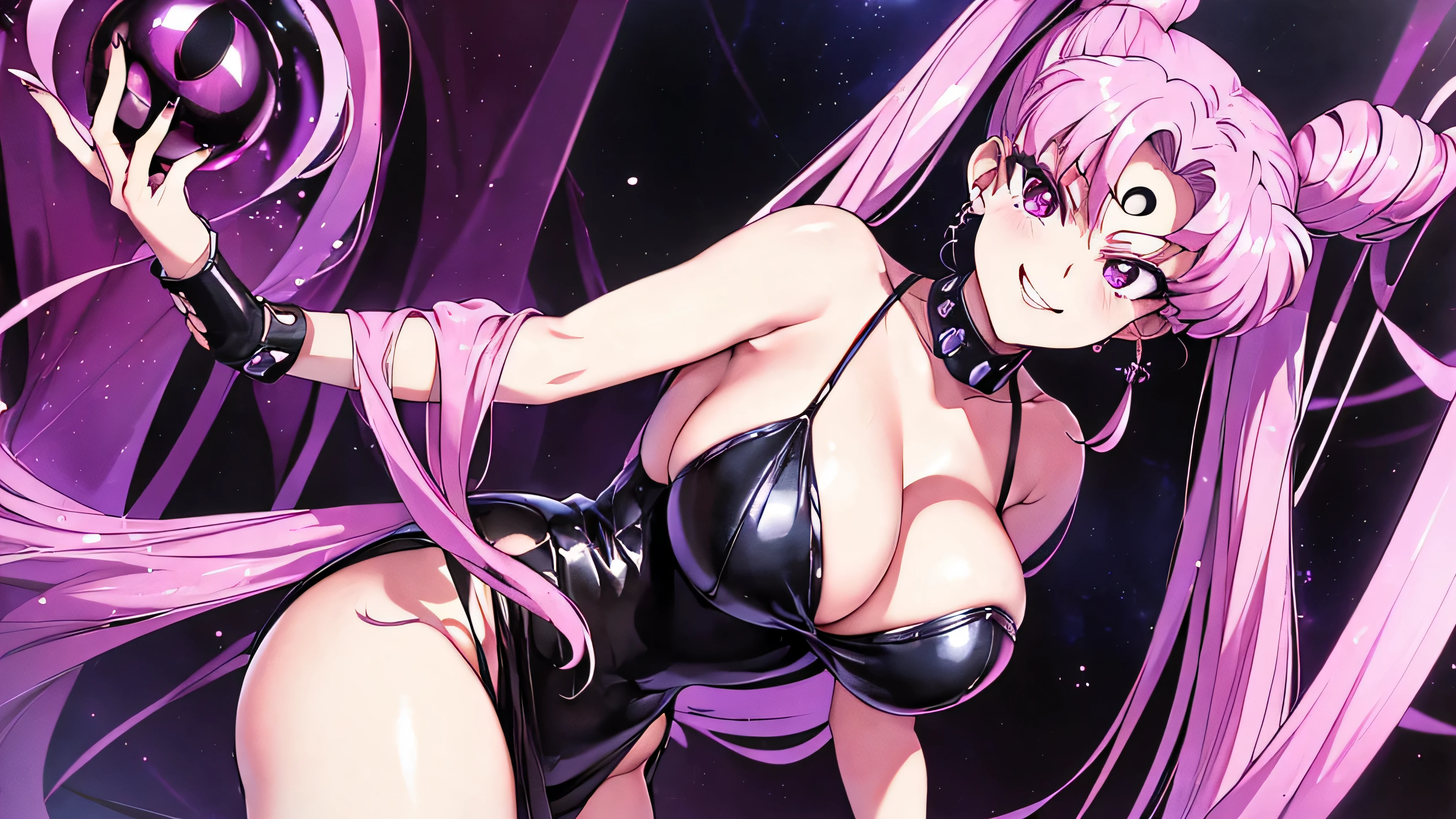 ((masterpiece,best quality)), absurdres,
Black_Lady_Sailor_Moon,
solo, smiling, looking at viewer, cowboy shot,
cinematic composition, dynamic pose,very evil smile,very evil smirk,(masterpiece:1.0),(Highest_quality:1.0), 超High resolution,4k,Super detailed, photo shoot, 8K, HDR, High resolution,EPTakeuchiNaokoStyle, 1990s \(style\), anime screencap, retro artstyle, anime coloring, traditional media,face focus,dark aura,black darkness,black mist,black mog,latex,huge amethyst crystal,offical art,
