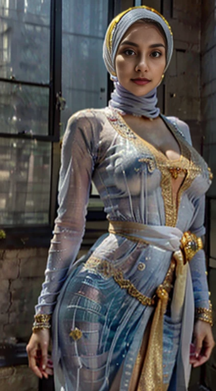 Photorealistic Production, (One Person), (Realistic Image of a 25 Years Old British Female Model), (Long pashmina pastel hijab:1.6), (Athletic Body Builds:1.4), (Pale Skin:1.4), (Wearing a grey super transparent Ornated Kebaya Dress with super transparant sarong and little Golden Jeweleries:1.6), (undressing nude breasts, no bra, showing nipples), (Serious Face), (Deep Cleavage), (Elegant Pose:1.6), Centered, (Waist-up Shot:1.4), From Front Shot, Insane Details, Intricate Face Detail, Intricate Hand Details, Cinematic Shot and Lighting, Realistic Colors, Masterpiece, Sharp Focus, Ultra Detailed, Taken with DSLR camera, Realistic Photography, Depth of Field, Incredibly Realistic Environment and Scene, Master Composition and Cinematography,castlevania style