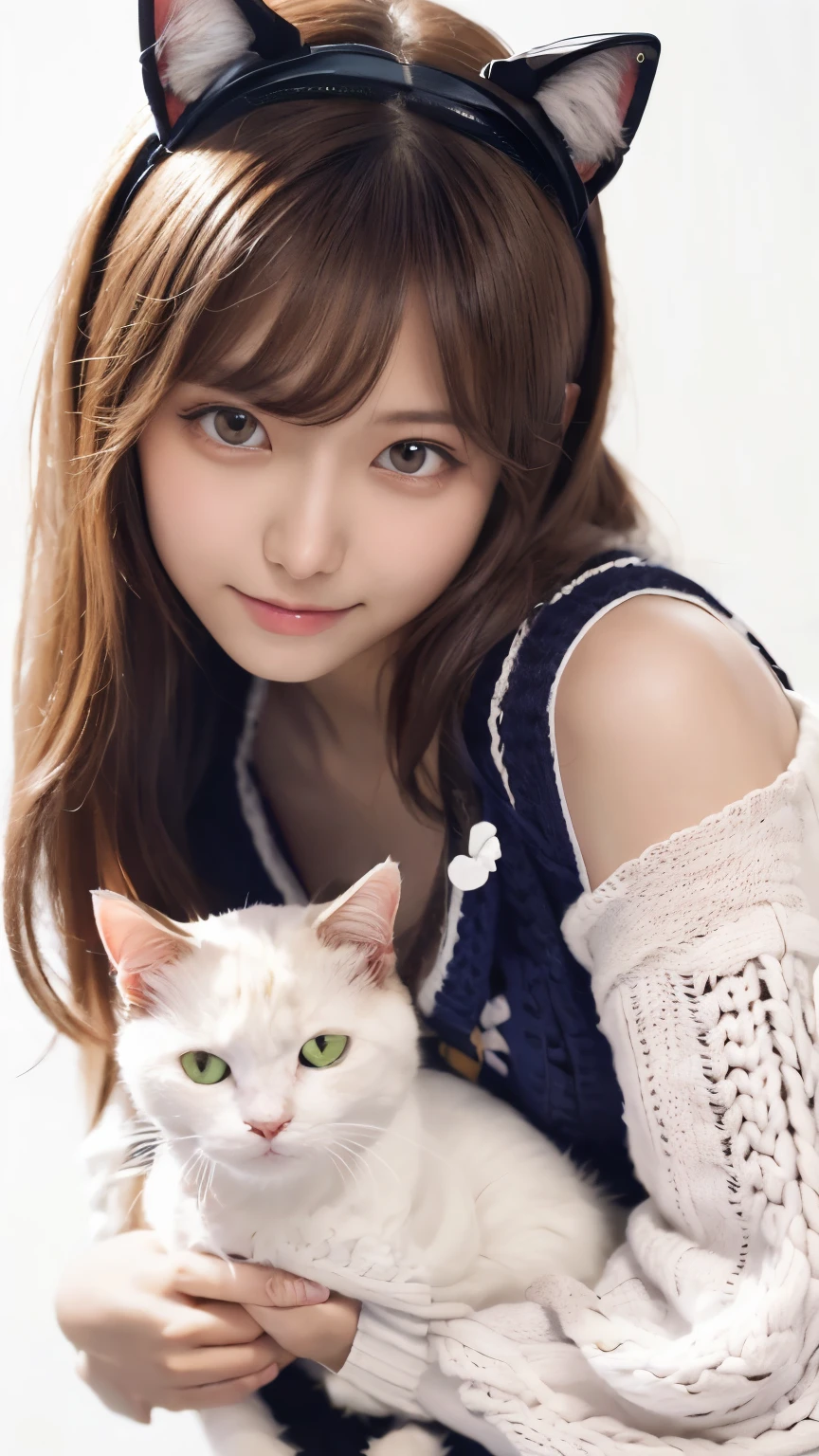 masterpiece, 4k, Bokeh, beautiful face, (Cat ear:1.3), (Light brown long hair:1.3) , (white knit onepiece:1.6), (Japanese idle:1.6), Blushed face, looking at the viewer, cowboy shot, (Holding white cat:1.3) , (white background :1.4),