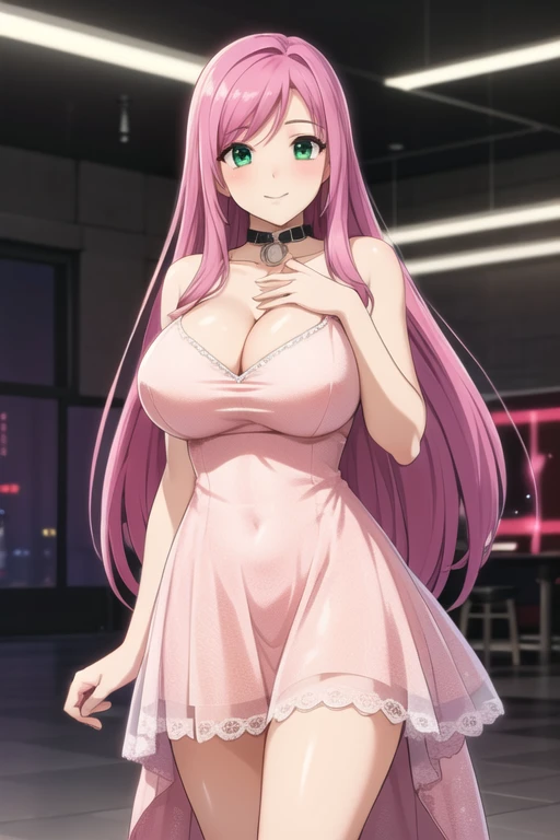 1 girl, 19 years old, Long pink hair, green eyes with slit pupils, master-piece, best quality, (standing up), (short pink lace dress), (spaghetti strapped pink dress, cleavage), (Big , ultra gigantic , Super super big, Glamorous body), Make eye contact with the camera, front figure, looking forward, (light_Smile:1.5), (Detailed hands and fingers:1.2) (Cyberpunk City), (FULL BODYSHOT), thighs thighs thighs thighs、beauty legs、Bare legs