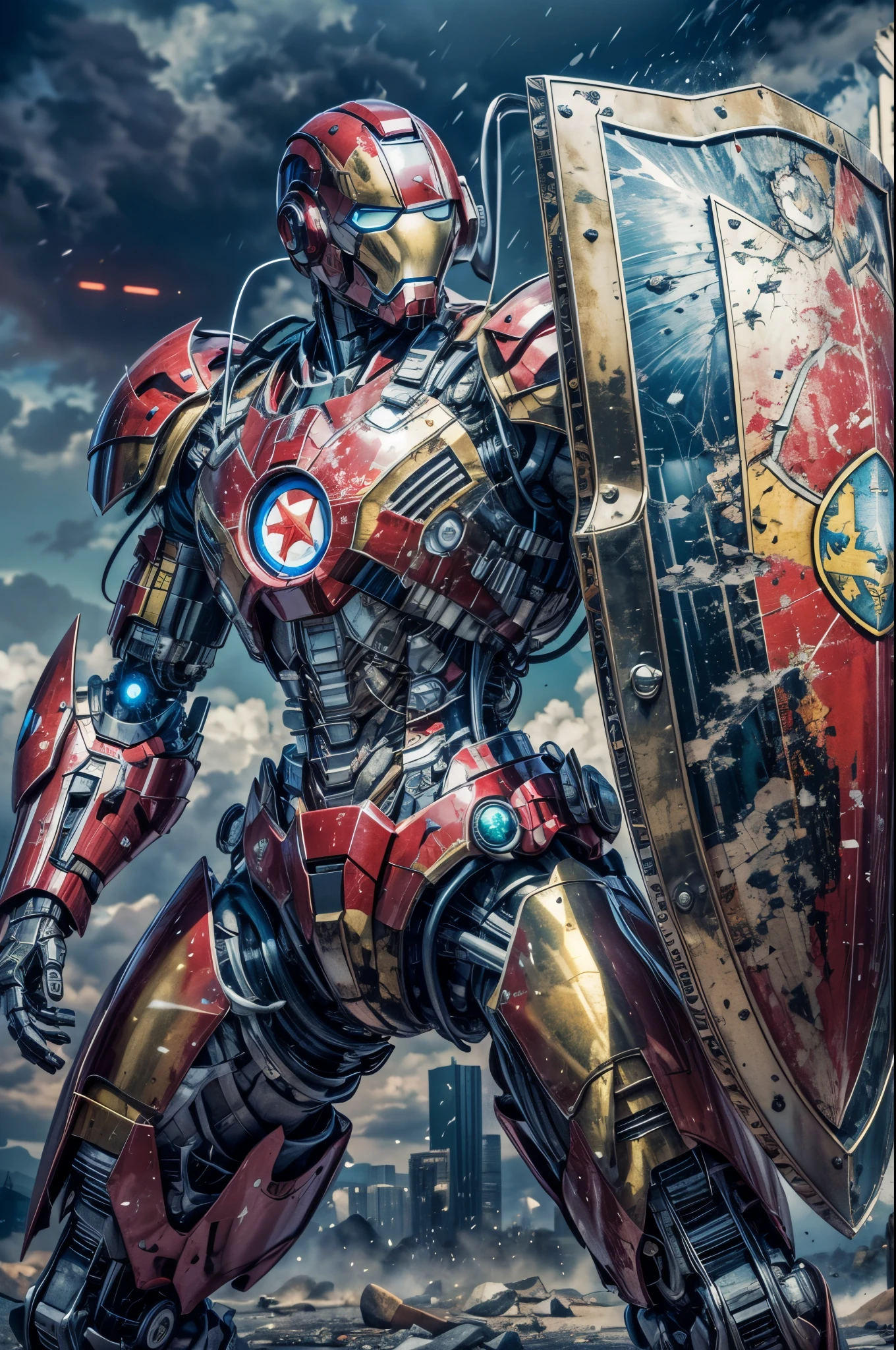 (Masterpiece, Best Quality, photorealestic:1.4), , (UHD, 8k wallpaper, High Resolution), japanese girl as a cyborg war mechine in a cyborg military armor (take a shield on her forearm:1.4), dusty bodywork, messy red hair, beautiful face, very tight musculature, dynamic pose, sharp expression. Against the backgroind of a ruined New York City, dressed in red black cyborg military armor is like ironman armor, Oppressive atmosphere, postapocalypse, photon mapping