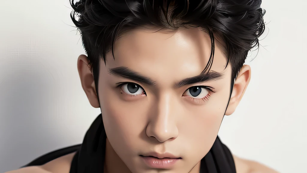 handsome japanese　Age 25　Fierce　looking at the camera　Facing forward, with both shoulders slightly visible and at the same height　　Upper body naked　Full light without background　True Face　Off-white background　Calm expression