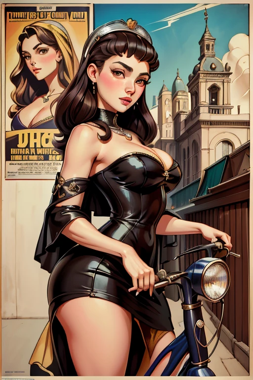 mulher parada em um vestido e capacete andando de scooter, poster art, poster poster girl, inspired by Vincent Lefèvre, obras de arte no estilo de guweiz, por John La Gatta, Adi Granov, beautiful retro art, Martin then, girl poster, sixties poster