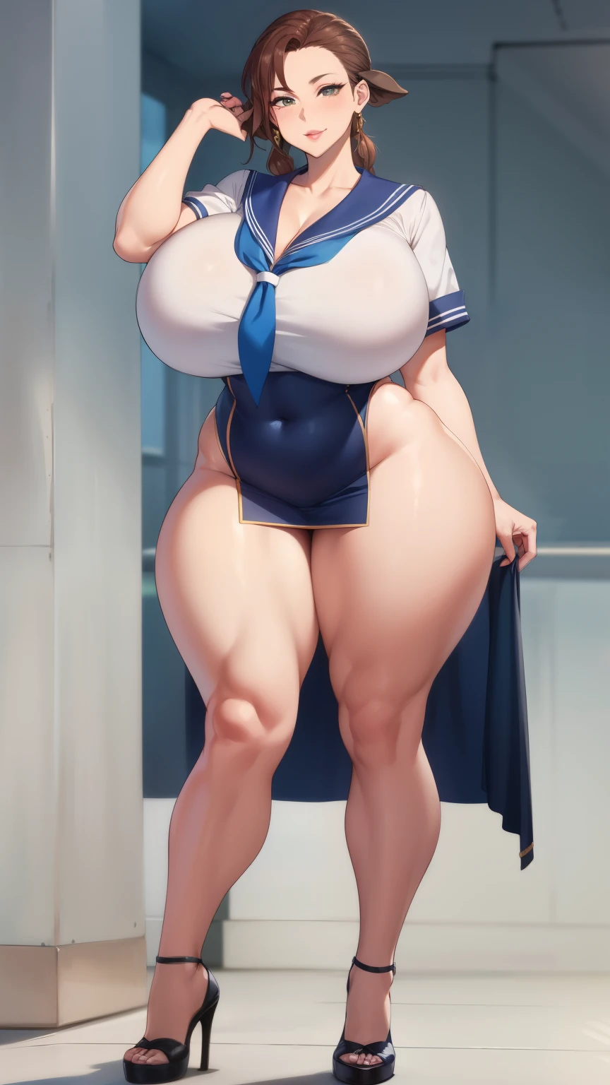 Big Breasts, Big Hips, Full Body Shot, Mature mother, Voluptuous thighs, A cow, Seductive mature woman, Perfect body, Plus Size Model, Sailor suit, Wearing high heels,Miniskirt Uniform, 