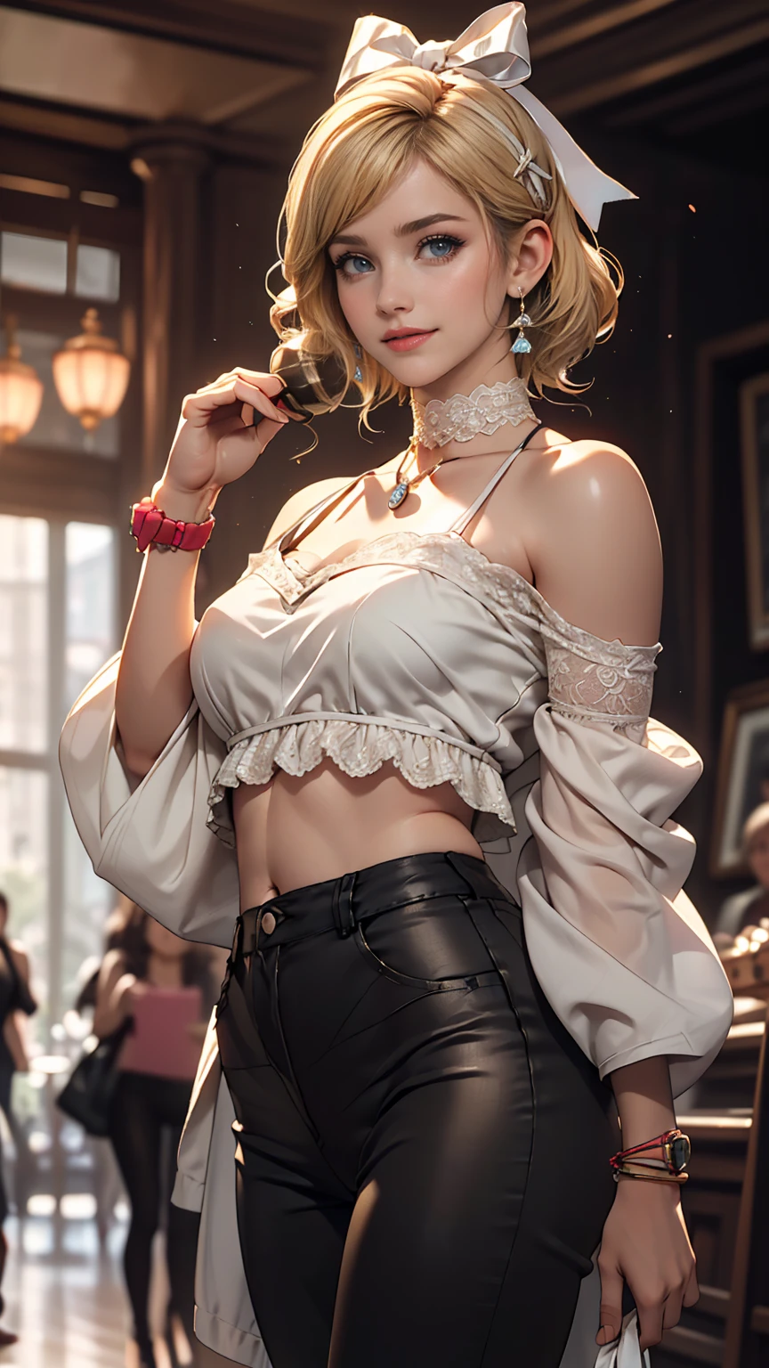 (8K, RAW Photos, highest quality, masterpiece:1.2), (Realistic, photo-Realistic:1.37)、Earrings, eyelash, pantyhose、セクシーな刺激的なsmile、 (Shiny skin:1.05)、fashion model body shape、Having her hair done、My chest is popping out、Wear accessories on your wrist、Wearing accessories on the ankle、Background blur((depth of field)、smile、White woman、Platinum Blonde、blue eyes、Vertical roll on one side((side drill))、Wear a lace-embellished off-the-shoulder top、Lower milk visible、I can see my belly button、Wear low rise leggings、Wear mules、smile、hair band((hair ribbon))、Wear a lace choker