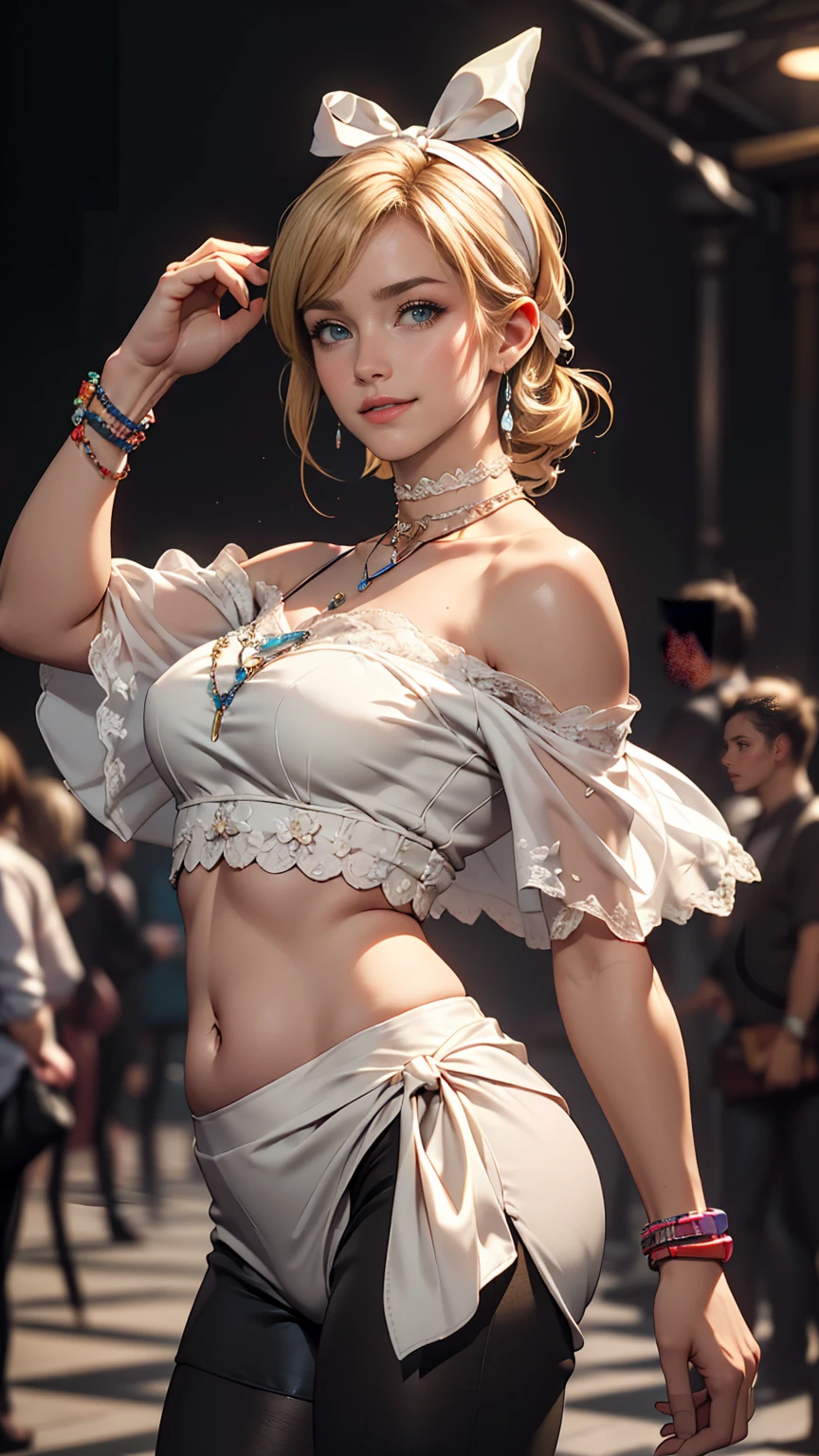 (8K, RAW Photos, highest quality, masterpiece:1.2), (Realistic, photo-Realistic:1.37)、Earrings, eyelash, pantyhose、セクシーな刺激的なsmile、 (Shiny skin:1.05)、fashion model body shape、Having her hair done、My chest is popping out、Wear accessories on your wrist、Wearing accessories on the ankle、Background blur((depth of field)、smile、White woman、Platinum Blonde、blue eyes、Vertical roll on one side((side drill))、Wear a lace-embellished off-the-shoulder top、Lower milk visible、I can see my belly button、Wear low rise leggings、Wear mules、smile、hair band((hair ribbon))、Wear a lace choker