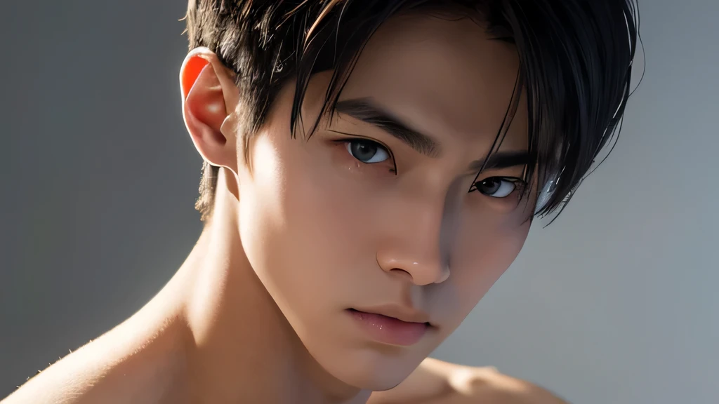 handsome japanese　19 years old　Fierce　Looking directly at the camera　Calm expression　Upper body naked　Drawn screen　Facing forward, with both shoulders slightly visible and at the same height　Full light without background　