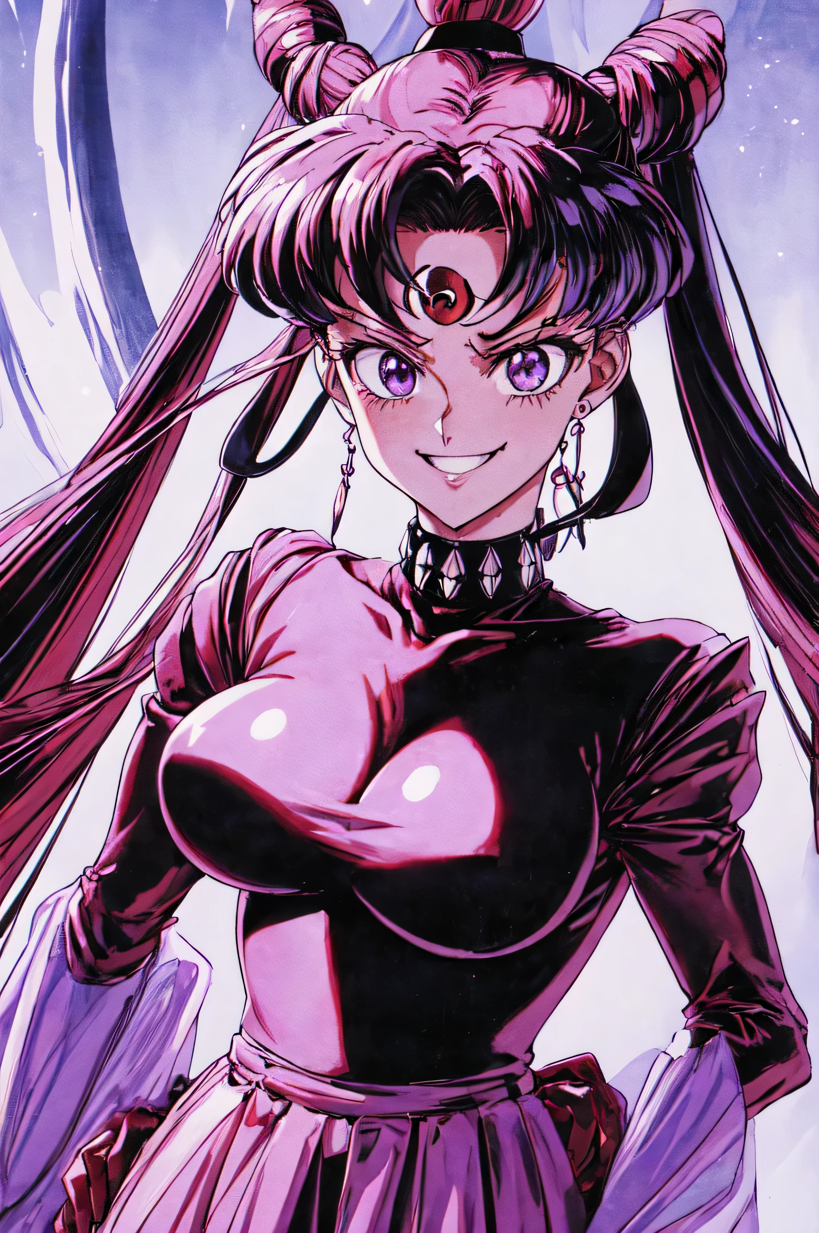 ((masterpiece,best quality)), absurdres,
Black_Lady_Sailor_Moon,
solo, smiling, looking at viewer, cowboy shot, 
cinematic composition, dynamic pose,very evil smile,very evil smirk,(masterpiece:1.0),(Highest_quality:1.0), 超High resolution,4k,Super detailed, photo shoot, 8K, HDR, High resolution,EPTakeuchiNaokoStyle, 1990s \(style\), anime screencap, retro artstyle, anime coloring, traditional media,face focus,dark aura,,,huge amethyst crystal,offical art,