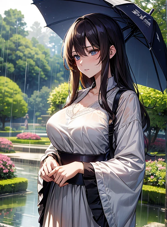 best quality, masterpiece, highres, detailed, perfect anatomy, <lyco:TyphoonScene-10:0.9>, Typhoonscene, strong-wind, strong-rain, grey sky, squinting, long dress, pink dress, pink shirt, trees, rain coat, pushed back by wind, bent trees, 1person, ChihoNTR, brown hair, brown eyes, umbrella, broken umbrella, <lora:Character - ChihoNTR:0.8>