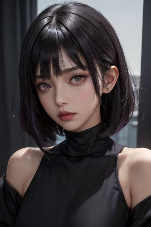 a 20 yo woman,brown-black hair,long hime cut hair,purple eyes,(hi-top fade:1.3), dark theme, soothing tones, muted colors, high contrast, (natural skin texture, semirealism, soft light, sharp), 4K, masterpiece,