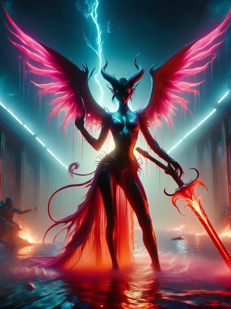 Cyberpunk succubus warrior in neon mecha armor，Holding a staff in a pool of blood，Luminescence的光眼，Devil&#39;s Wings，Wide-angle lens，biology，weird，Creepy，nightmarish，Very bright neon colors，Light Particles，Luminescence，Best Photo of the Year Winner，the world on fire，Post-apocalyptic hellscape，Military photography，Epic Photo of the Yeare on the horizon，Epic movie shots，Pure form，Intricate details，8k，Post-production，high resolution，Super Detail