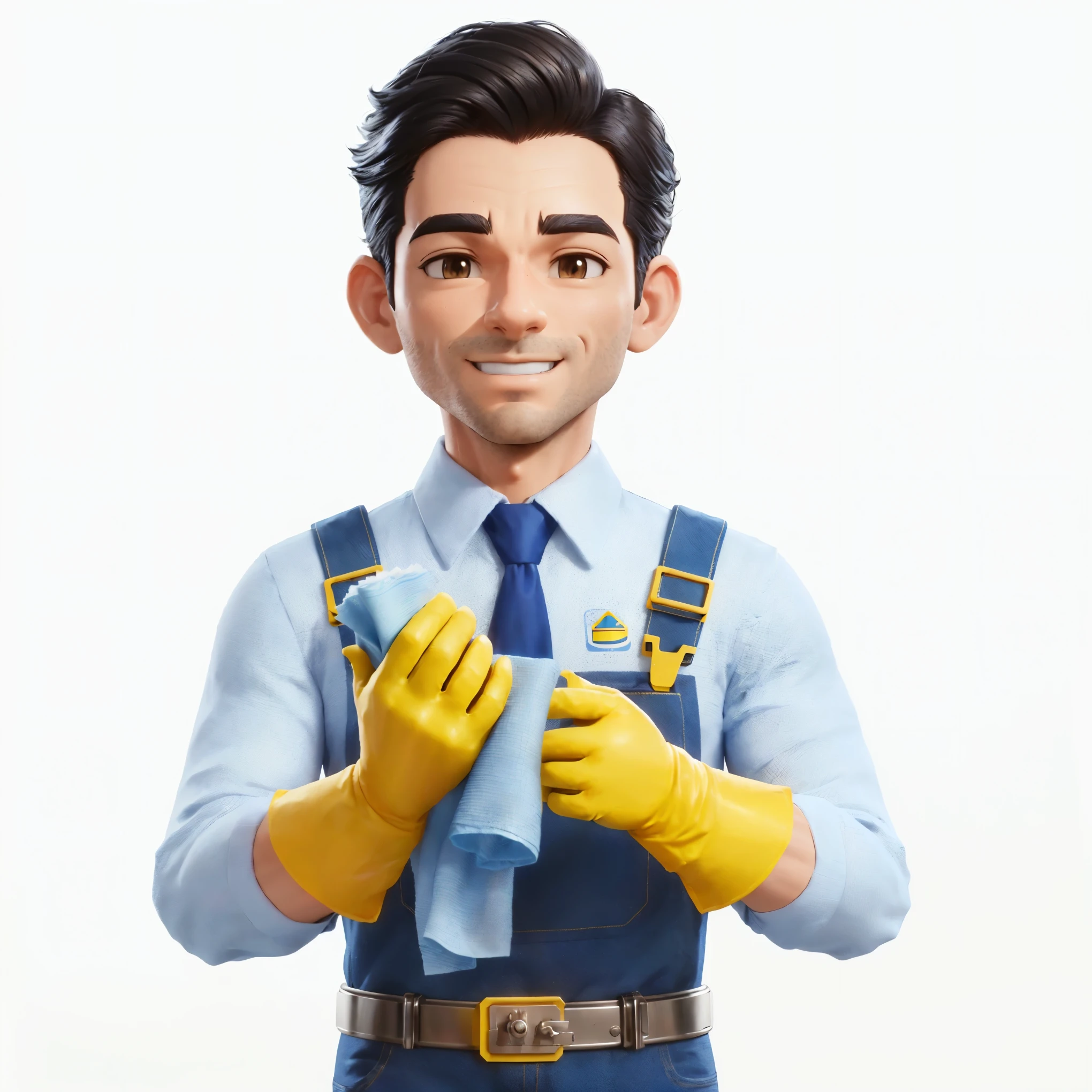 arafed man in a blue shirt and yellow gloves is holding a napkin, wearing plumber uniform, promotional render, 3 d character render, 3d character, 3 d character, official render, clean digital render, maxwell render, high res render, 3d character realistic, official illustration, clean 3 d render, 3 d character art, character render, official character art
