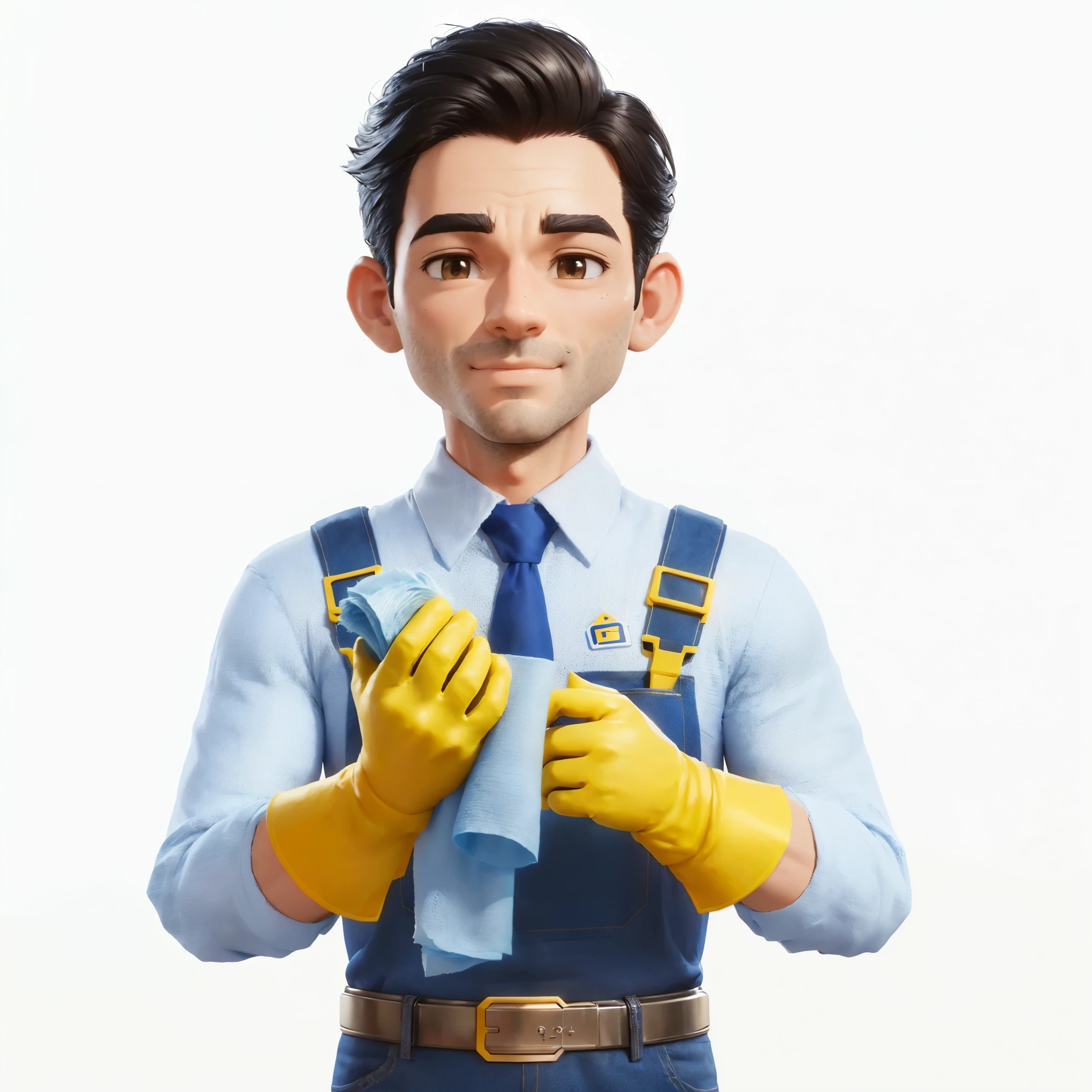 arafed man in a blue shirt and yellow gloves is holding a napkin, wearing plumber uniform, promotional render, 3 d character render, 3d character, 3 d character, official render, clean digital render, maxwell render, high res render, 3d character realistic, official illustration, clean 3 d render, 3 d character art, character render, official character art