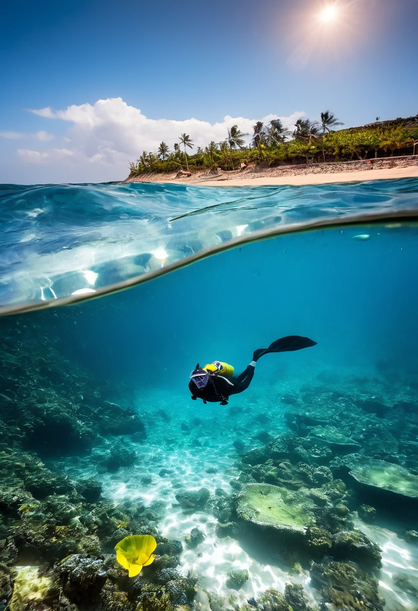 ((buceador profesional, snorkel, swimsuit, plano general, nadando bajo el agua:1.5)), ((explorando el fondo del mar:1.5)), peses, algas, arrecife, hermoso paisaje marino, luz del sol distorsionado por el agua, burbujas intentando subir a la superficie, beautiful shadows and lights caused by the distortion of the water, obra maestra, High Definition, nitidez, magical, epic, cinematic lighting, la mejor calidad posible, impecable imagen, 32k.