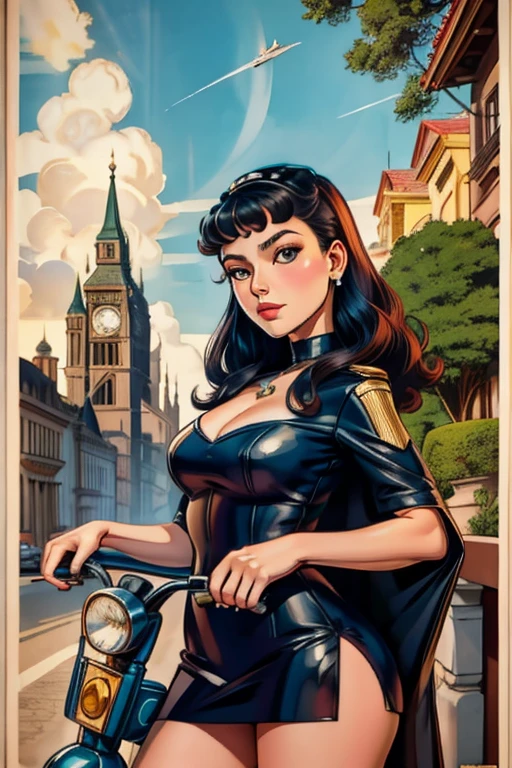 mulher parada em um vestido e capacete andando de scooter, poster art, poster poster girl, inspired by Vincent Lefèvre, obras de arte no estilo de guweiz, por John La Gatta, Adi Granov, beautiful retro art, Martin then, girl poster, sixties poster