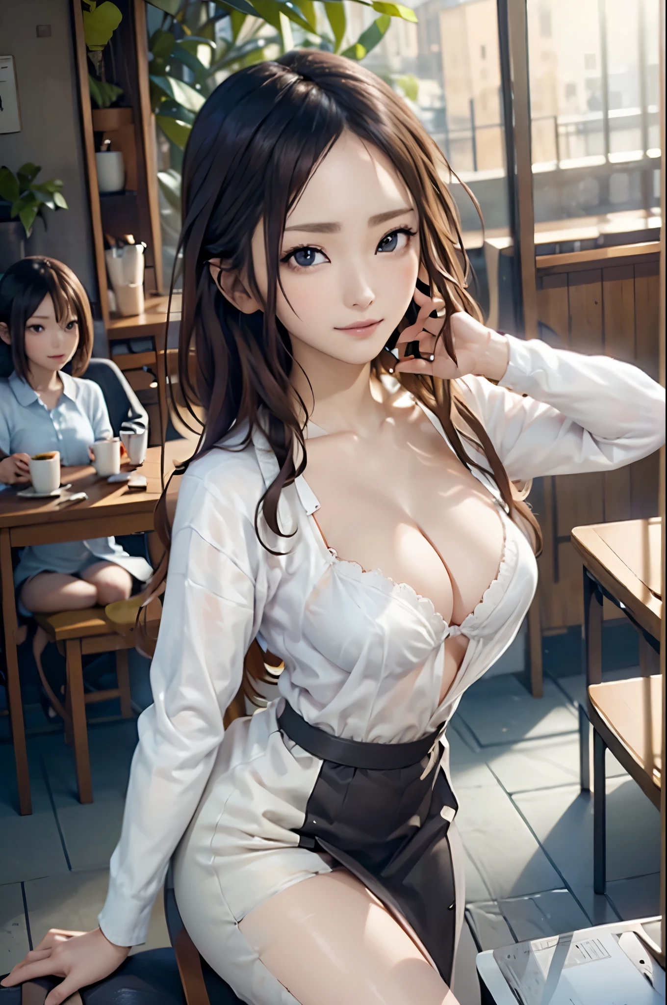 ((Biologically correct number of limbs))、(( Illustrations including faces))、4K、((Standing posture))、Masterpiece、((focus on the face))、((Symmetrical facial features))、Eyes with detailed description、Beautiful woman、Outstanding style、Beautiful clavicle、Beautiful legs、Beautiful Hands、Slender Body、Detailed depiction of faces、(Jacket、shirt、Black Bra、skirt、High heels)、jungle、Droopy eyes、Illustration of a face seen from the front at an angle、