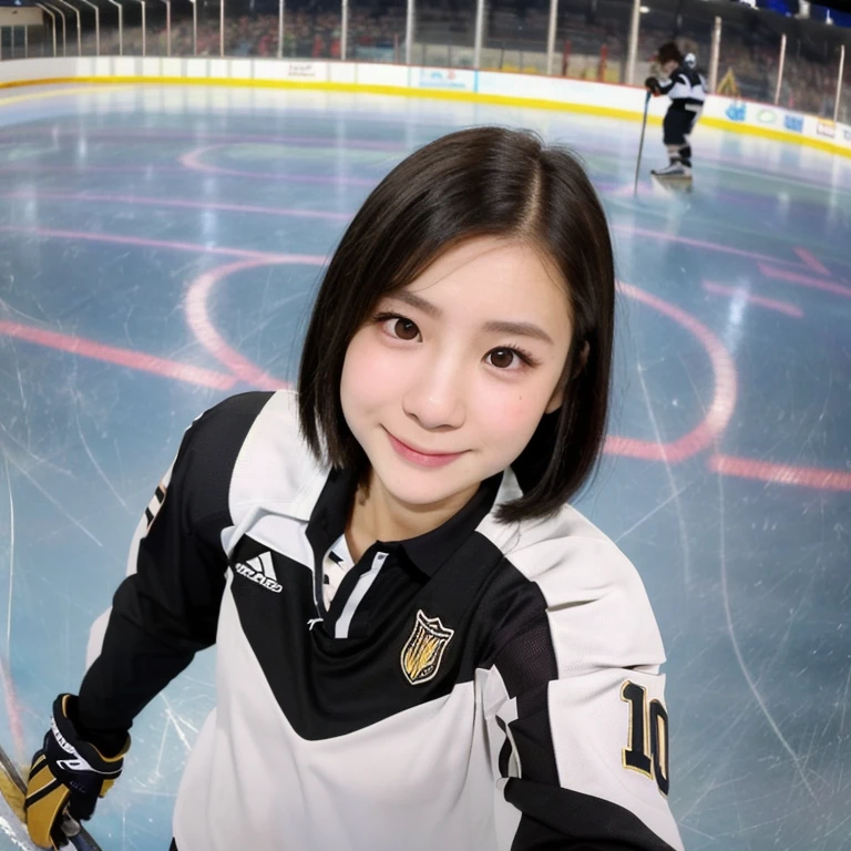(kawaii 24year-old Japanese girl, Nogizaka idol, Korean idol), female ice hockey player, (glossy black hair, very short hair:1.3), (rounded face, black eyes, single eyelid, no makeup, soft smiling:1.2), (wearing long sleeved ice hockey jersey:1.4), ice hockey gloves, (flat chest, extra small breasts:0.8), (looking at viewer:1.2), BREAK, (skating at ice skate arena:1.3), (view from diagonally forward, angle from above, face focus:1.3), BREAK, (masterpiece, best quality, photo realistic, official art:1.4), (UHD, 8K quality wallpaper, high resolution, raw photo, golden ratio:1.3), (shiny skin), professional lighting, physically based rendering, award winning, (perfect anatomy, highly detailed skin, extremely detailed face and eyes:1.2), Carl Zeiss 85 mm F/1.4, depth of field, 1girl, solo, nhl player, national hockey league player,