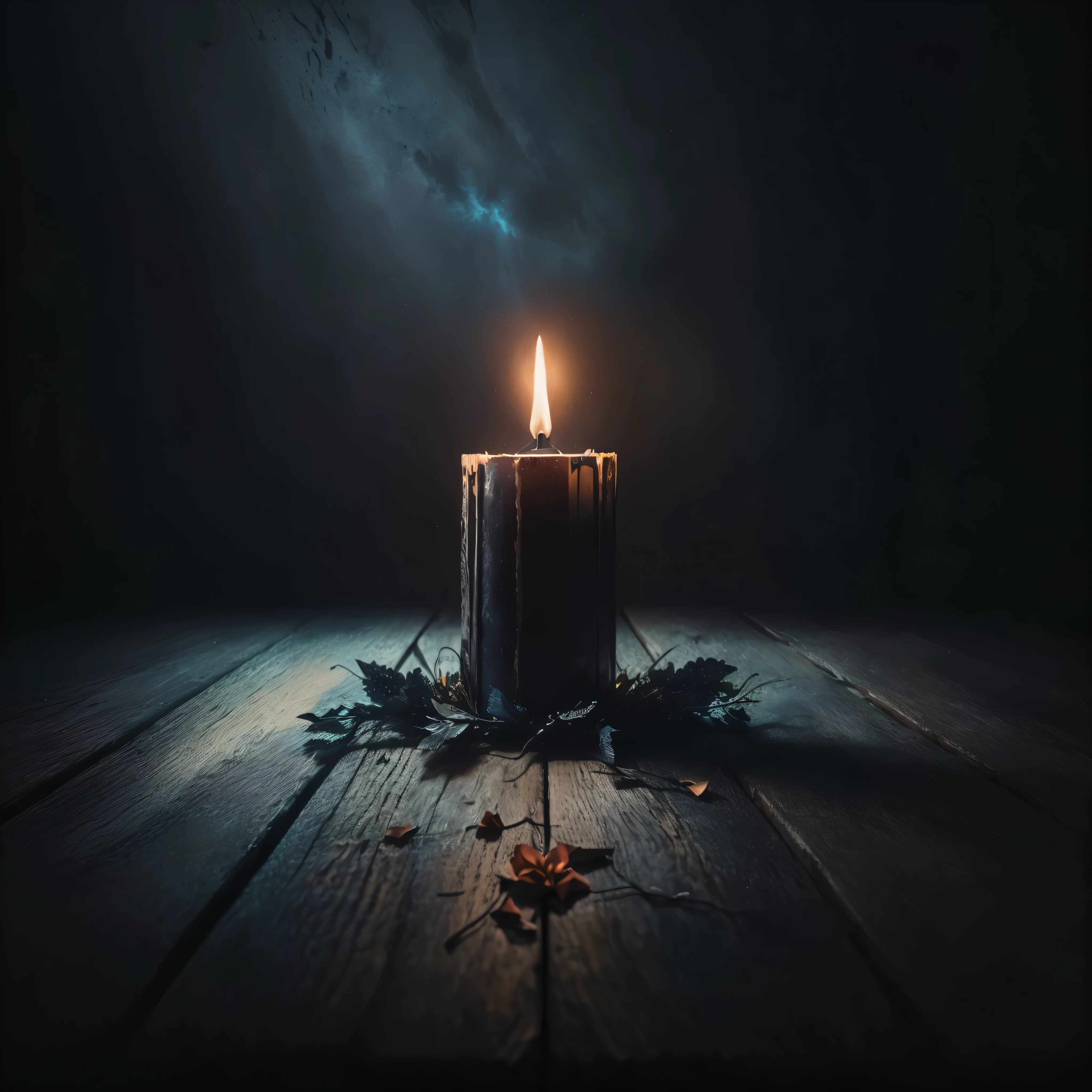 there is a lit vela on a wooden table with a spooky vela, vela lit, the vela is on a wooden table, vela, dramatic velalight, vela light, velalight, velalit, arte conceitual escura fotorrealista, dark tones and velalight, vela lightning, vela lighting, lit with velas, dark lit velas, dark cinematic lighting, vela wax, vela lights