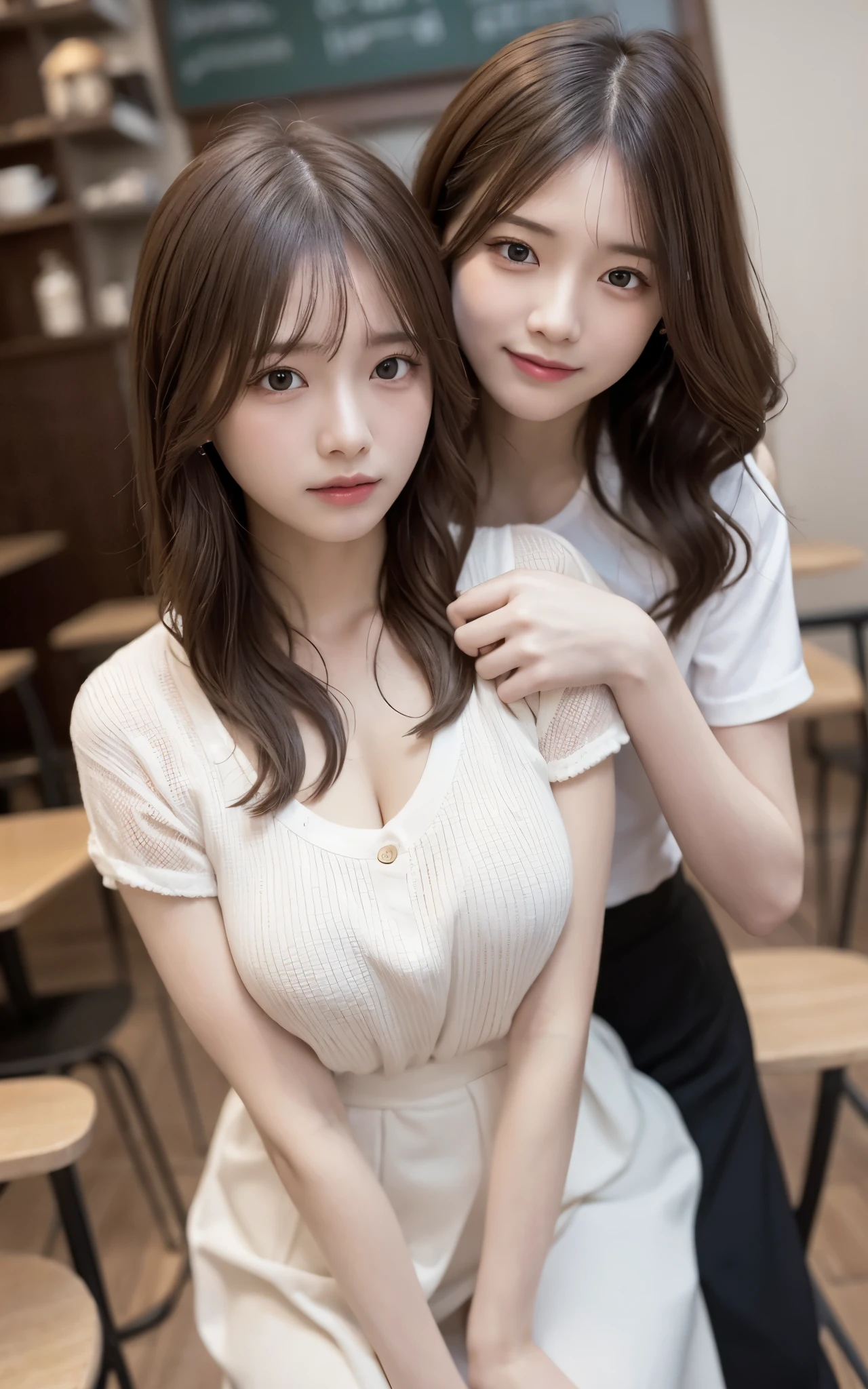 masterpiece、highest quality、Man Attacking、Woman in cafe riding man、Highly detailed CG Unity 8k 、超A high resolution、(Photorealistic:1.4)、(Platinum Short Hair:0.8)、(Puffy eyes)、Looking at the audience、Laughter、jk skirt、White Dress、Shirt lift、Brown hair with wavy ends、A man holds a woman's breast with his hands、A man strokes a woman's crotch with his hand