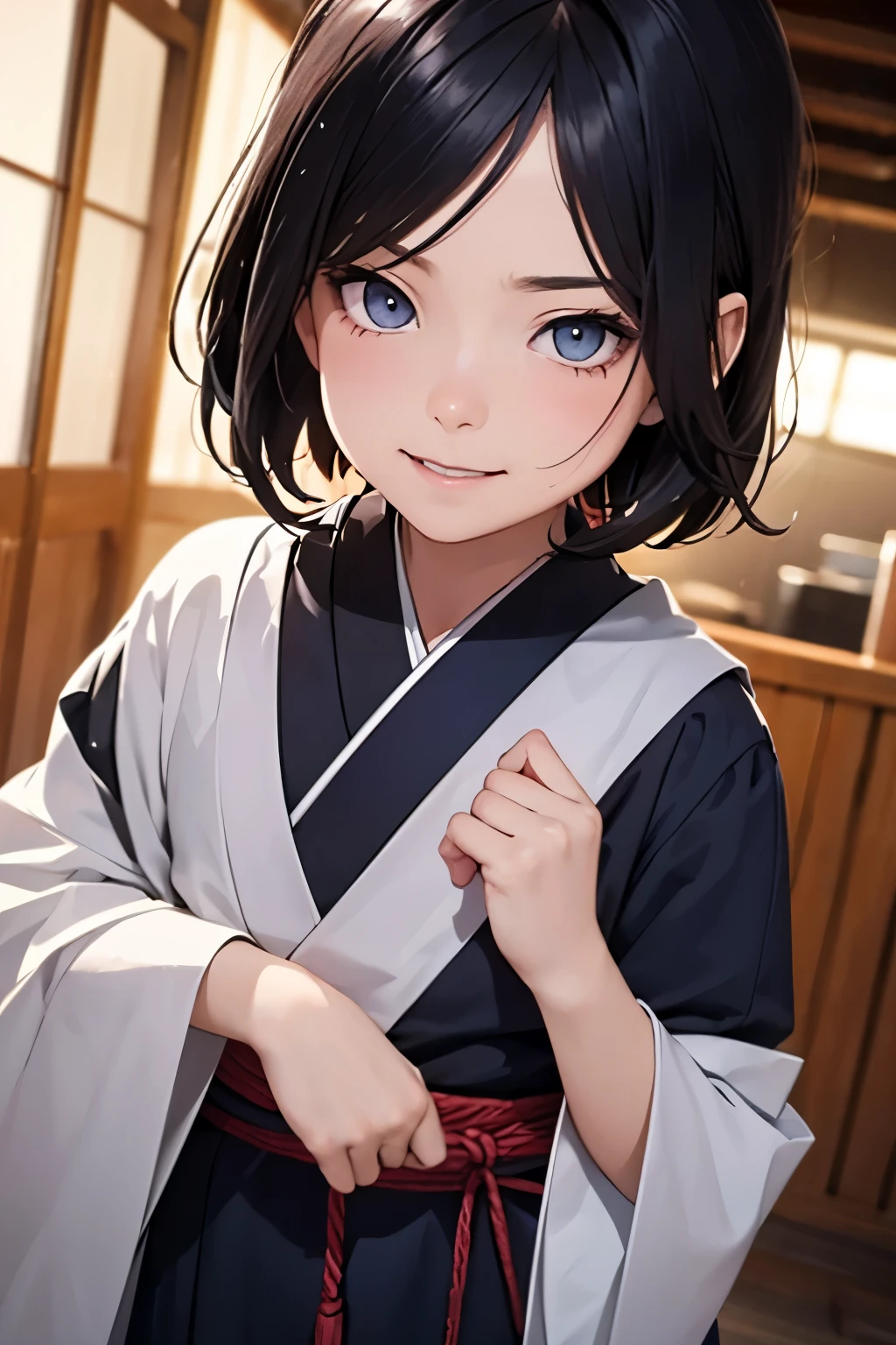 2d, _todler_, {{6 years old}}, RPG character in Naruto alternative universe by Masashi Kishimoto, specially in hyuga clan; Appearance base is Wraith from Apex Legends, with byakugan-soft lilac eyes, kind and soft expression making her look swwet; joyfull, short and dark hair (with shades of dark blue); artwork in modern Japanese animation style, 8k high definition quality, masterpiece, {{high detailed eyes}}, grain filter, high resolution, extremely detailed, portrait, Anatomically accurate, girly reddish cheeks; (highest quality:1.3), {{dutch angle}}, {{smiling todler}}, {{inocent}} ((byakugan)), ((child)), soft expression, kind expression, Traditional Hyuuga outfit, ((byakugan))