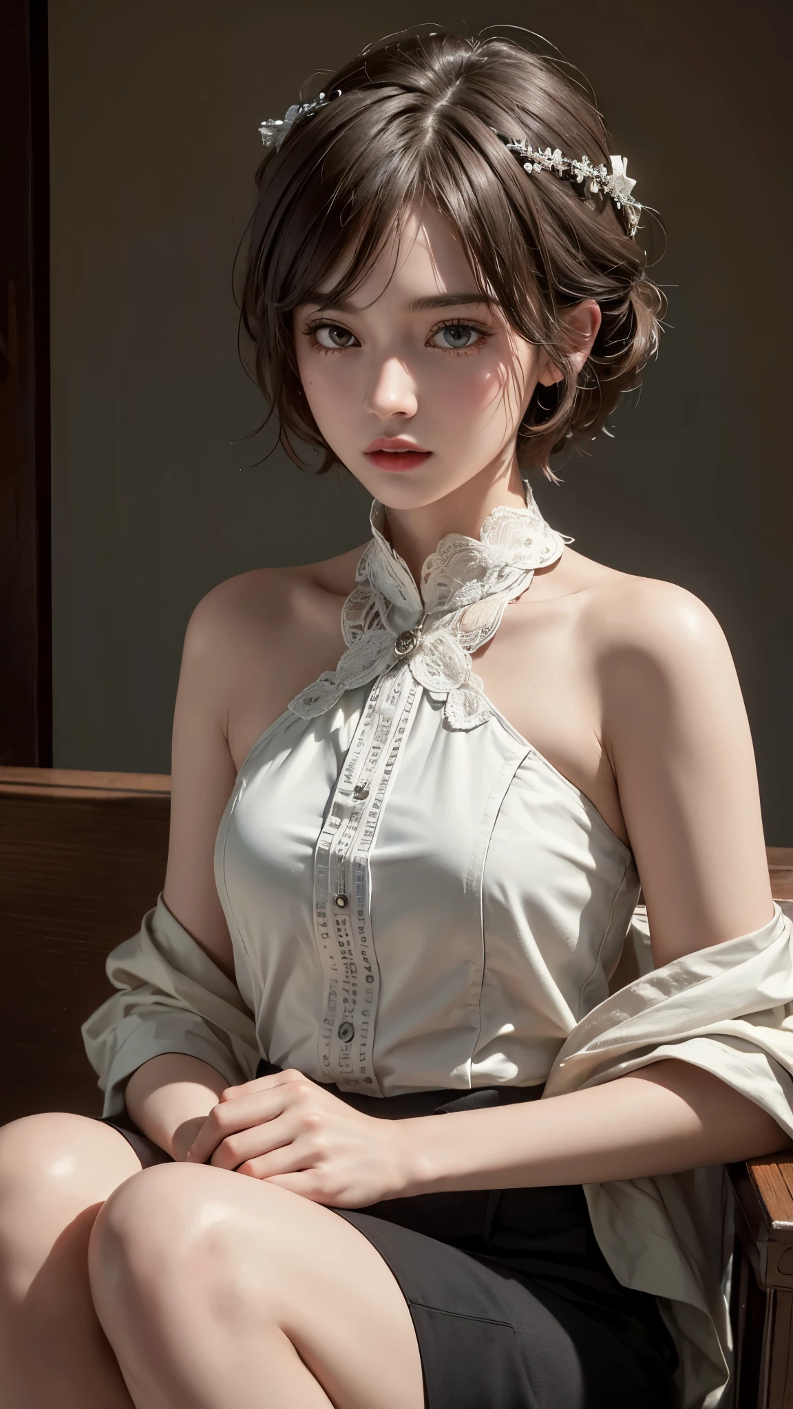 Downblouse, 15 years old, munechira,(((small breasts))), looking away, leaning forward,bending over , from side , close up, necklace ,in wedding party reception,long sleeves loose dress,besides decolated detailed bra within,long skirt, short hair