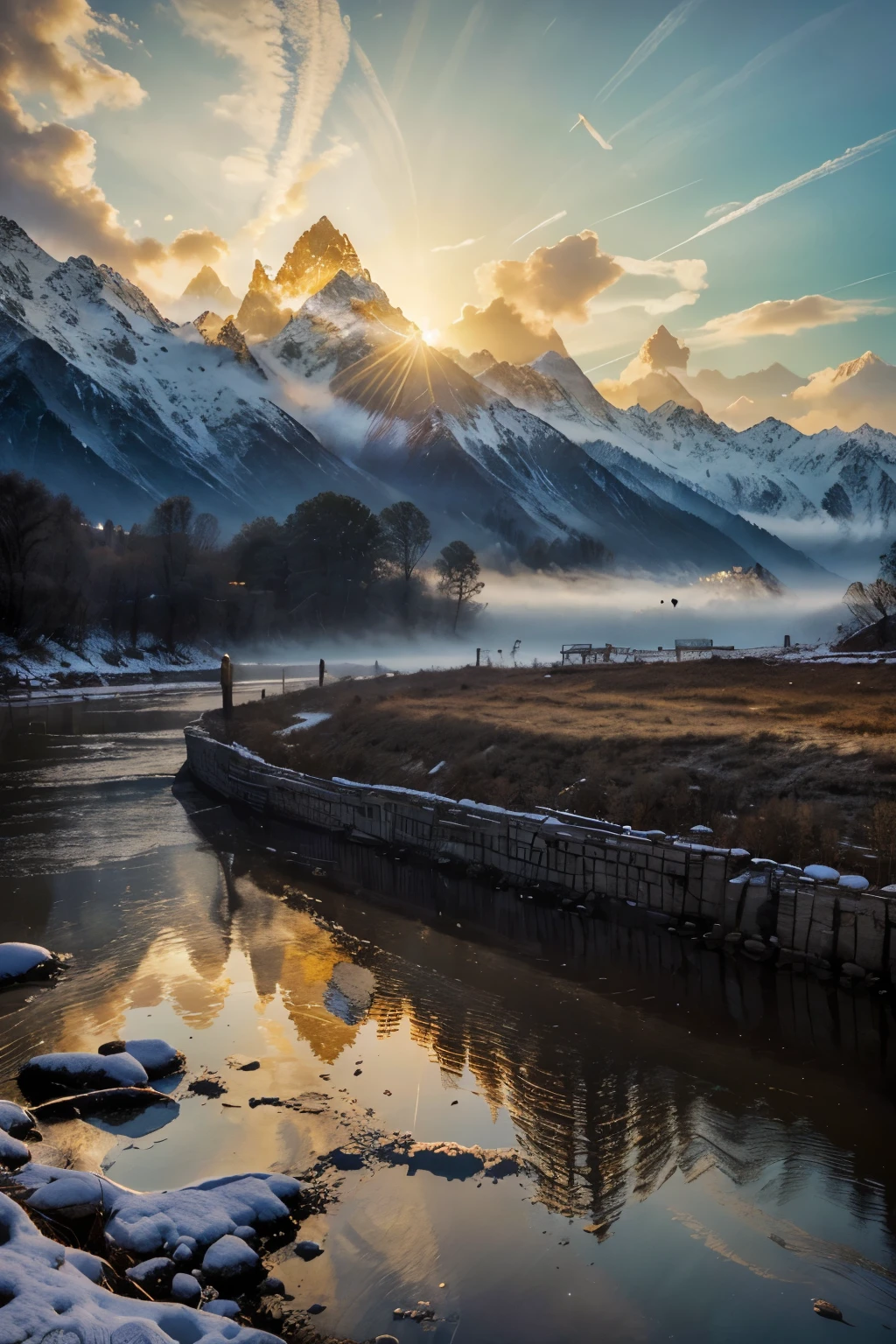 Immerse yourself in the otherworldly beauty of Uttarkashi's mountains and Harshil Valley, where hyper-realistic imagery transports you to a realm of surreal wonder (best quality, ultra-detailed: 1.5), (golden hour: 1.2), (HDR: 1.3),
The magnificent Himalayan peaks, shrouded in mist and draped in snow, rise majestically against a backdrop of cloud-painted skies (dramatic lighting: 0.8), (intricate details: 1.4), (photorealistic: 1.6),
Sunlight filters through the
