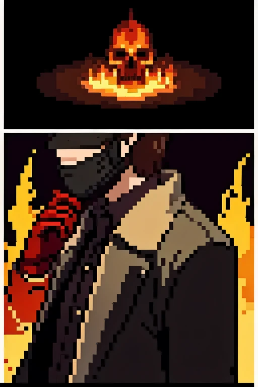 serial killer, blood, shushing face, eyeless mask, fire axe on back, cabin