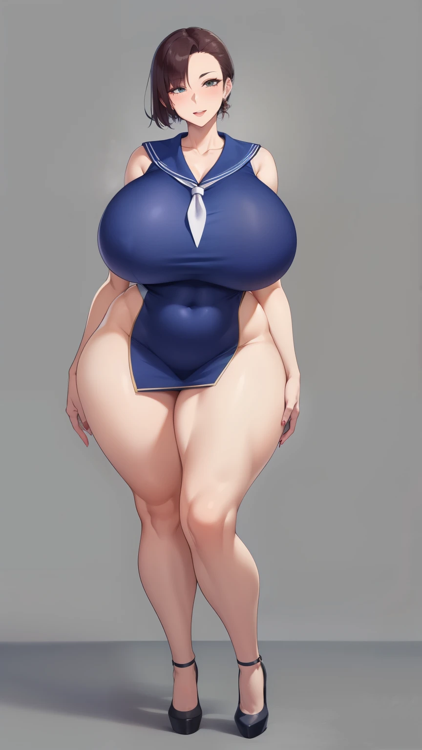 Big Breasts, Big Hips, Full Body Shot, Mature mother, Voluptuous thighs, Whole calf, Seductive mature woman, Perfect body, Plus Size Model, Sailor suit, Wearing high heels,Miniskirt Uniform,