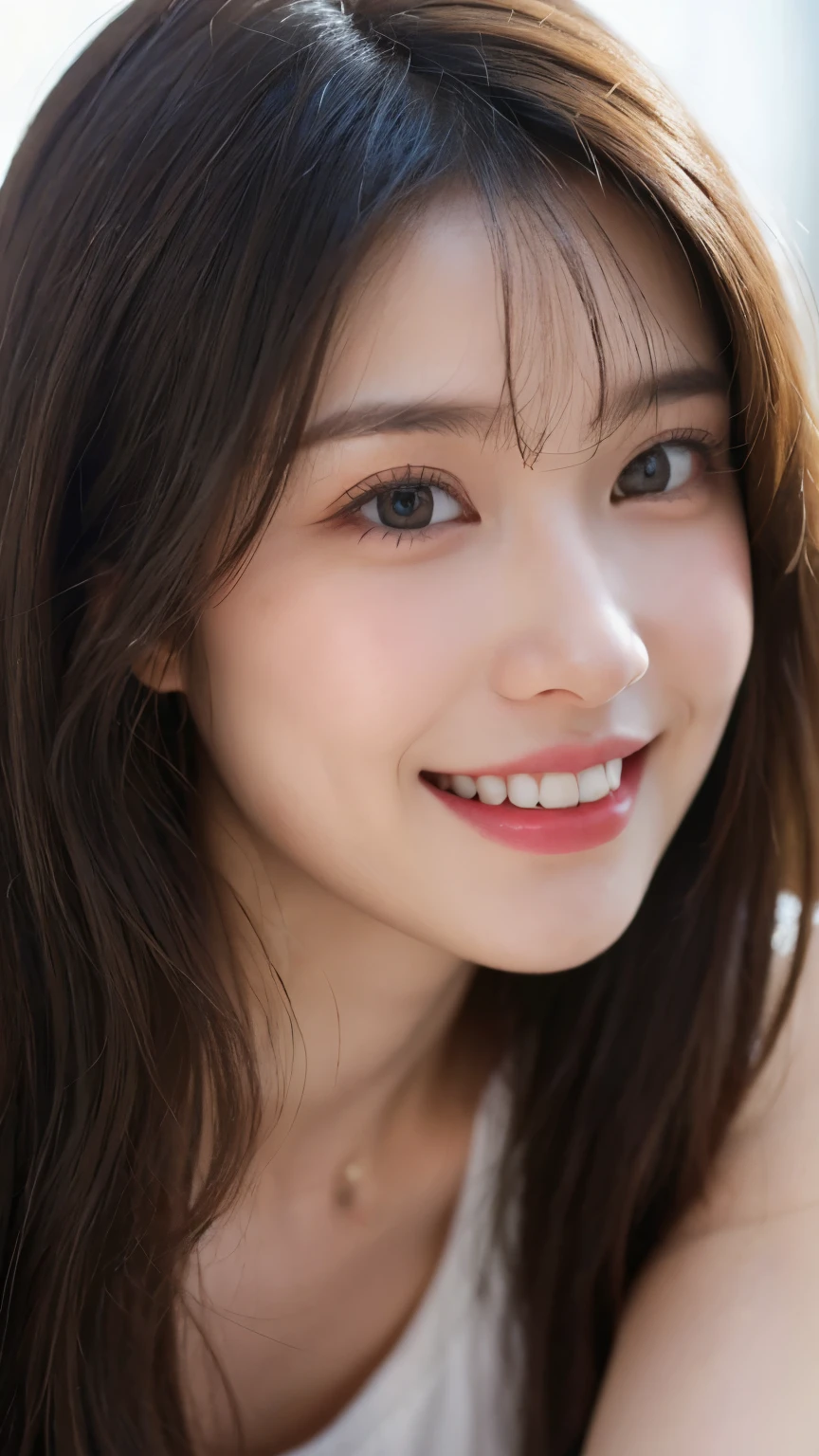 Very beautiful and angelic cute woman, beautiful and detailed eyes, thick double eyelids, (kissing face: 1.3), long eyelashes, see-through bangs, (beautiful detailed face and eyes: 1.4), small nose, small Mouth, beautiful long hair, happy smile showing teeth, camisole and white miniskirt (highest quality: 1.2), raw photo, high resolution, perfect details, professional shooting, beautiful legs, lighting