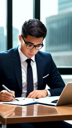background ((business office)), Lighting ( light) , background (delicate colors) , sitting at a table , a computer on a table , a fountain pen in his hand , a man in the background (dressed in a business suit)