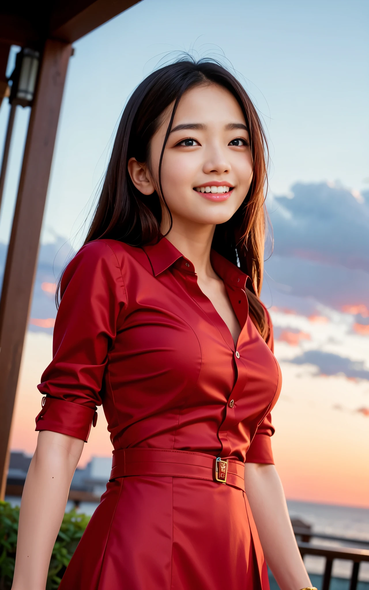 highest quality, figure, Ultra-detailed, finely, High resolution, 8K Wallpaper, 完璧なダイナミックな構figure, ((Sexy pose)), Beautiful Skin, (Big Eyes), 20 year old beautiful girl, Natural color lip, Mid chest, smile, Highly detailed face and skin texture, Detailed eyes, Double eyelid,leaking teeth and laughing, close-up, from below, Brown long hair, (Red dress shirt:1.2), Sunset