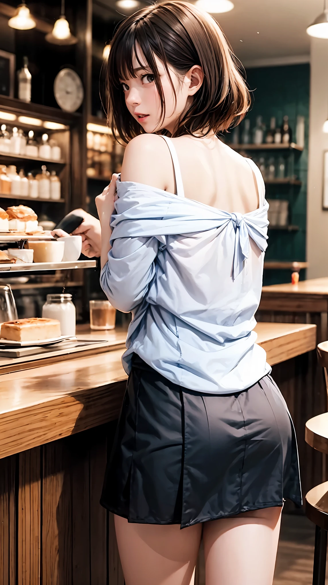 highest quality、4K quality、Man Attacking、A cafe employee turns her back on a man、slender、Small face、Tall 16 years old、Woman clutches her chest（1.7）、bar counter、Man grabs woman's ass（2.0）、Off the shoulder、The hem of the skirt is twisted（1.8）、nude crotch