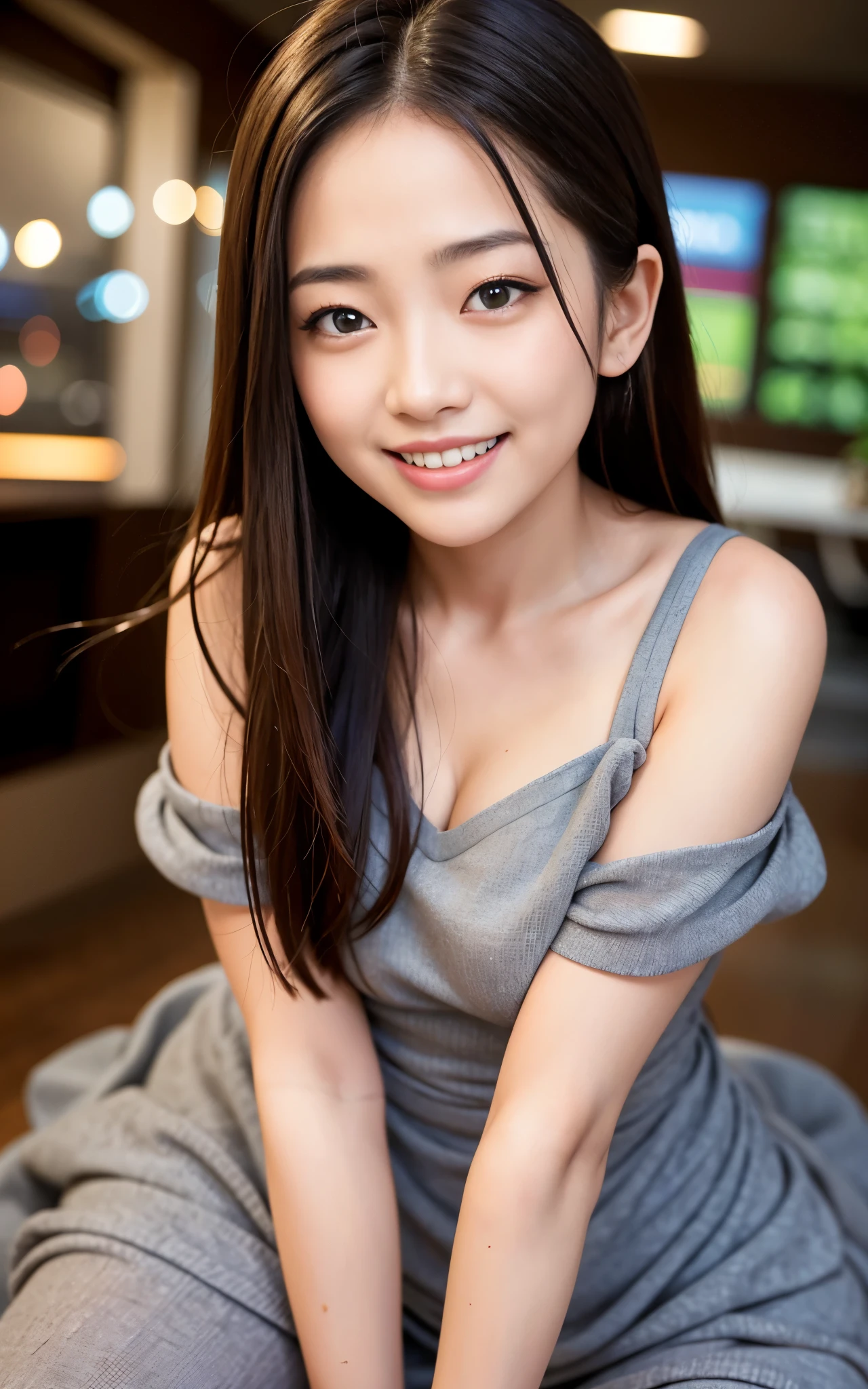 Tabletop, Highest quality, 8K, -yeld st, RAW Photos, Absurd, Award-winning portrait, smile, alone, night, neon, Idol's face, Delicate girl, Digital SLR, View your viewers, Frank, Sophisticated, Thin arms, Professional Lighting, Film Grain, chromatic aberration, (Eye and facial details:1.0), (Bokeh:1.1) , Sailor suit , Close your mouth , short hair , Long Hair , Huge breasts、whole body、Standing posture、Black Loafers