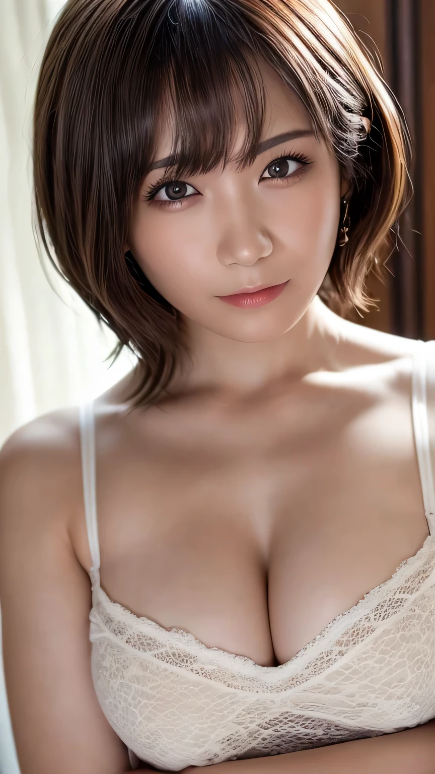 ((masterpiece:1.2, highest quality)), Very detailed, Ultra-precise depiction, Ultra-detailed depiction, (bedroom), Wavy short hair-, 1 girl, face,Upper body close-up,sexy,Looking at the audience,Glossy appearance,stare,Subjective,Raise your arms,Bust Top,maroon,Realistically,Best Body,underwear,good,