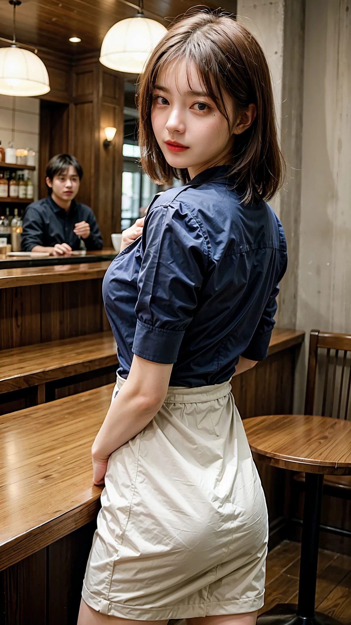 highest quality、4K quality、Man Attacking、A cafe employee turns her back on a man、slender、Small face、Tall 、Man holds woman's chest(1.7)、bar counter、The man presses his hips against the woman(2.0)、Beautiful cleavage、The hem of the skirt is twisted、nude crotch