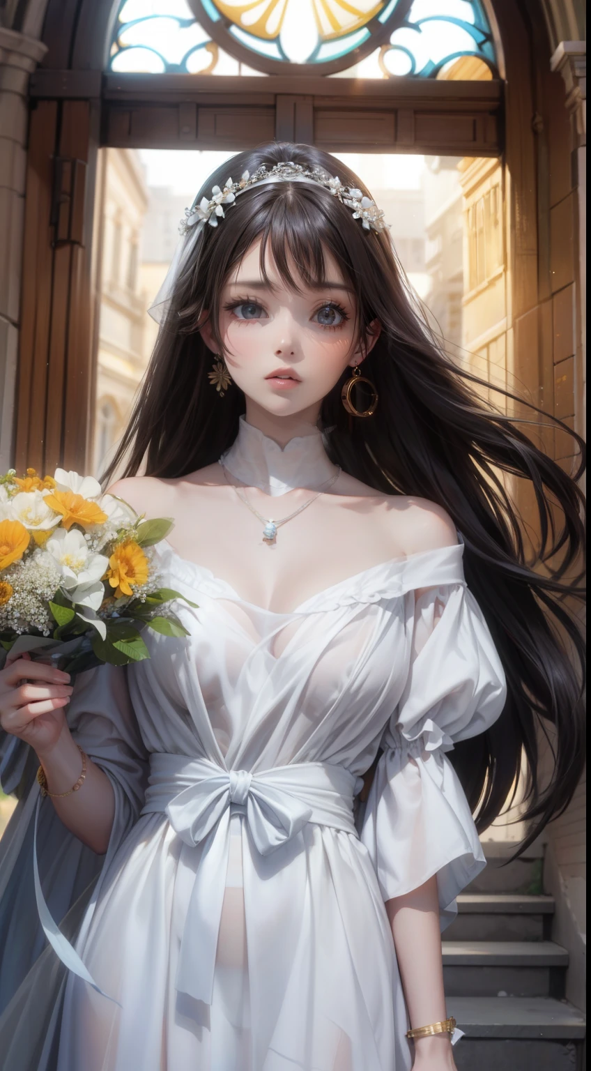 Beach,Black Hair,Straight hair,Long Hair、The bride with the perfect female body who walked into the church, delicate face, high nose, bright eyes, soft lip shape, holding a bouquet of flowers, white transparent silk scarf on her head, accessories (bracelets, necklaces, earrings, bracelets), shoulder-length hair, light makeup, medium breast size, wearing half jacket, selfie, Canon EOS clear facial features, 8K high resolution, clear and realistic details. Super high quality,masterpiece,super high quality,Ultra-high resolution,Best image quality,Top-class,最high quality,Highest Resolution,high quality,beautiful,beautiful,high quality,Genuine texture,Genuine,8k,Detailed,Two-dimensional beautiful girl