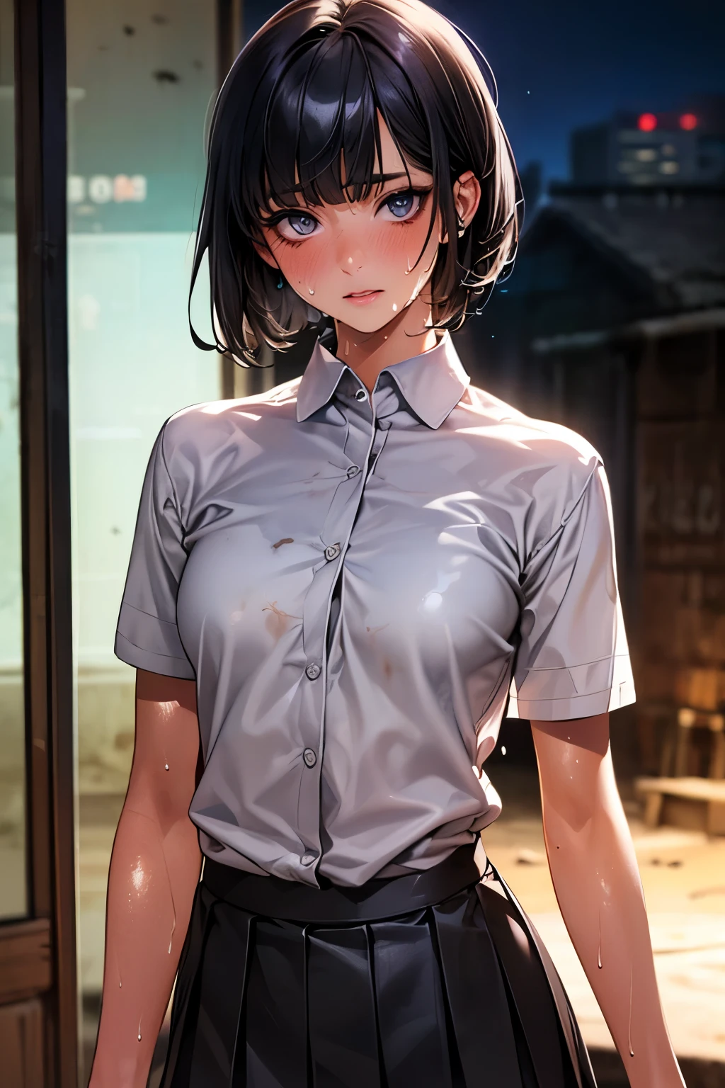 (((perfect anatomy:1.2,realistic:1.4,RAW Photography:1.4,masterpiece、highest quality、Ultra - High resolution、High resolution、Highly detailed CG、8K))),cowboy shot,1 female,solo、18 year old beauty,Japanese,((beautiful detailed face and eyes:1.3,big gorgeous eyes:1.3,gray eyes)),black hair,short bob hair,blunt bangs,blush,(medium breasts,slender body,small head:1.3,skinny),(gleaming skin:1.4,oily skin,shiny skin),((Dirty body and clothes:1.5、sweat:1.5)),(White collared shirt、Pleated black mini skirt)、Port warehouse district、container、at night、moonlight,