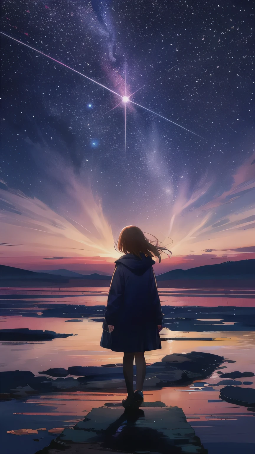 1girl, standing, dim lighting, perfect proportions, back focus, high quality, silhouette, city background, night sky, starry sky, meteor rain, few clouds, by the lake,