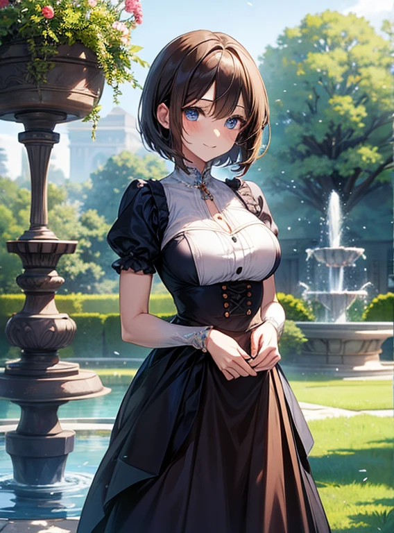 Attractive breasts、Beautiful and attractive anime woman, Enchanting anime girl, Top rated on pixiv、Cute clothes、Short Bob、garden、In front of a large fountain