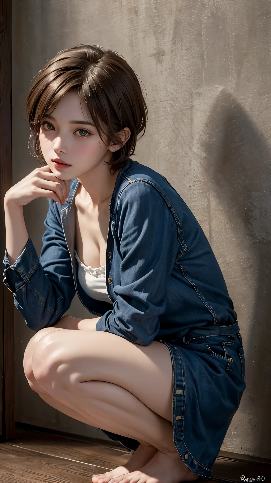 (8k, highest quality, masterpiece: 1.4), Super detailed, highest quality, Ultra-high resolution, Depth of written boundary,(Photorealistic:1.4,RAW shooting,)Ultra-Realistic Capture,(Very detailed,High definition 16k), cute, girl, short hair, Brown Hair, Crouching