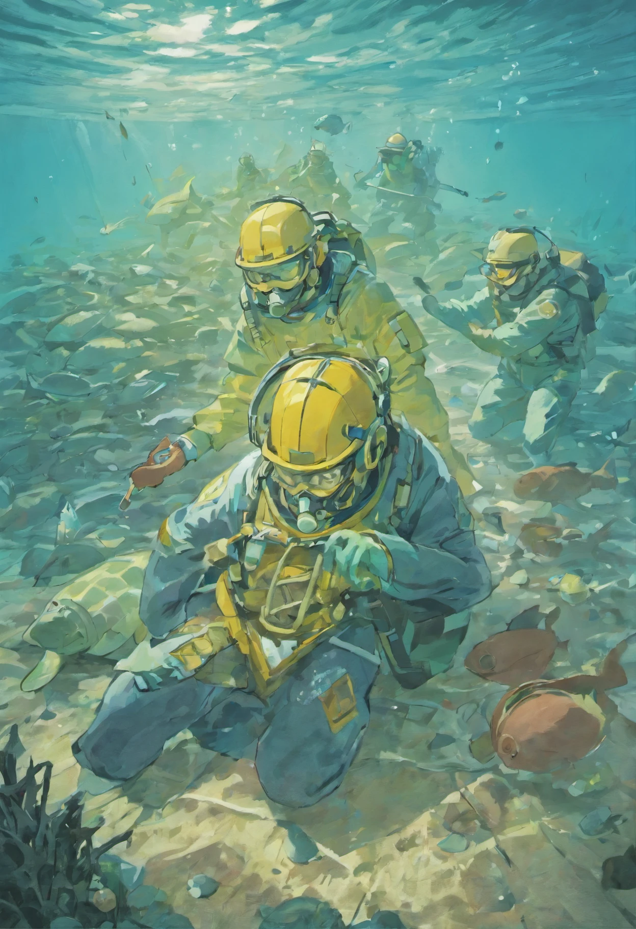 Polluted seawater,Dead fish floating in green water
Turtles lie dying on a beach full of garbage
Fishermen wearing protective masks protest by the sea
Scientists in protective suits take seawater samples to test for radioactivity
Dolphins and whales stranded on the beach struggle in pain
The feathers of seabirds fall off,Can't fly
The fish in the sea are swollen and deformed,Tumor overgrowth
Seaweed withers,Coral bleaching
Children wearing protective masks playing on contaminated beach
Mother in protective suit holding sick child crying
Abandoned nuclear power plants stand by the sea
Angry crowds held placards protesting the discharge of nuclear wastewater